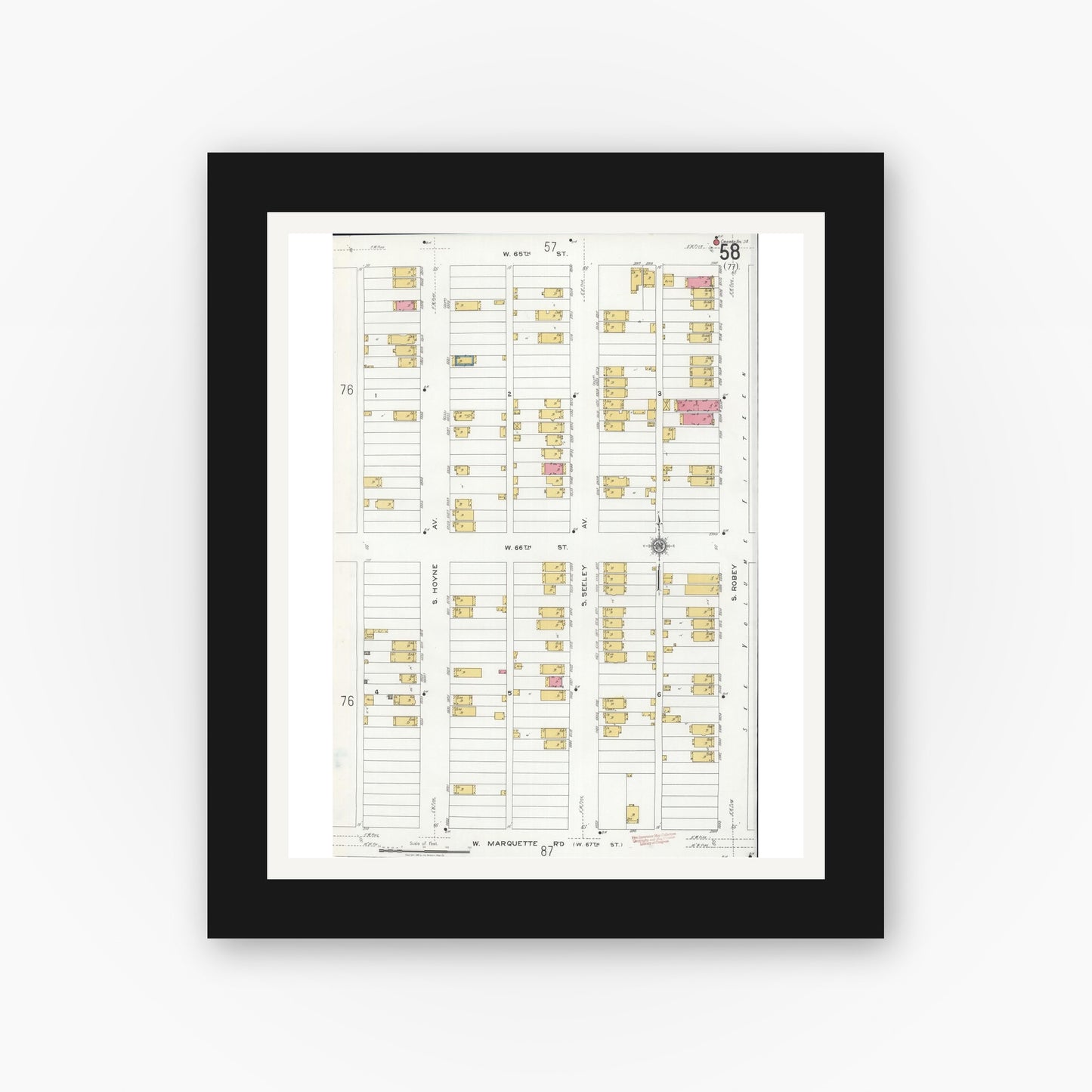 Old map wall art mockup — black gallery frame with white mat — Sanborn Fire Insurance Map from Chicago, Cook County, Illinois (1920), Sheet #0058