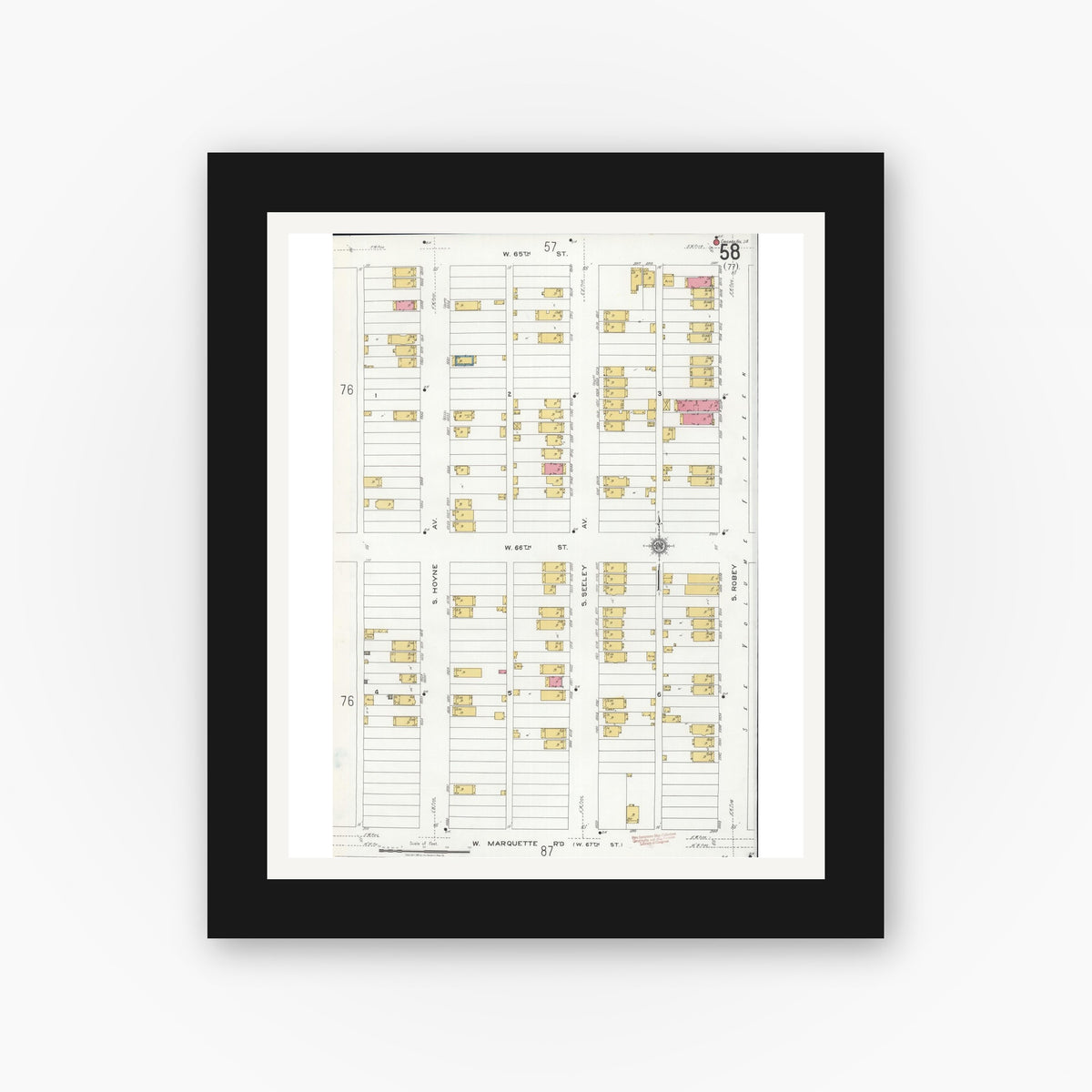 Old map wall art mockup — black gallery frame with white mat — Sanborn Fire Insurance Map from Chicago, Cook County, Illinois (1920), Sheet #0058