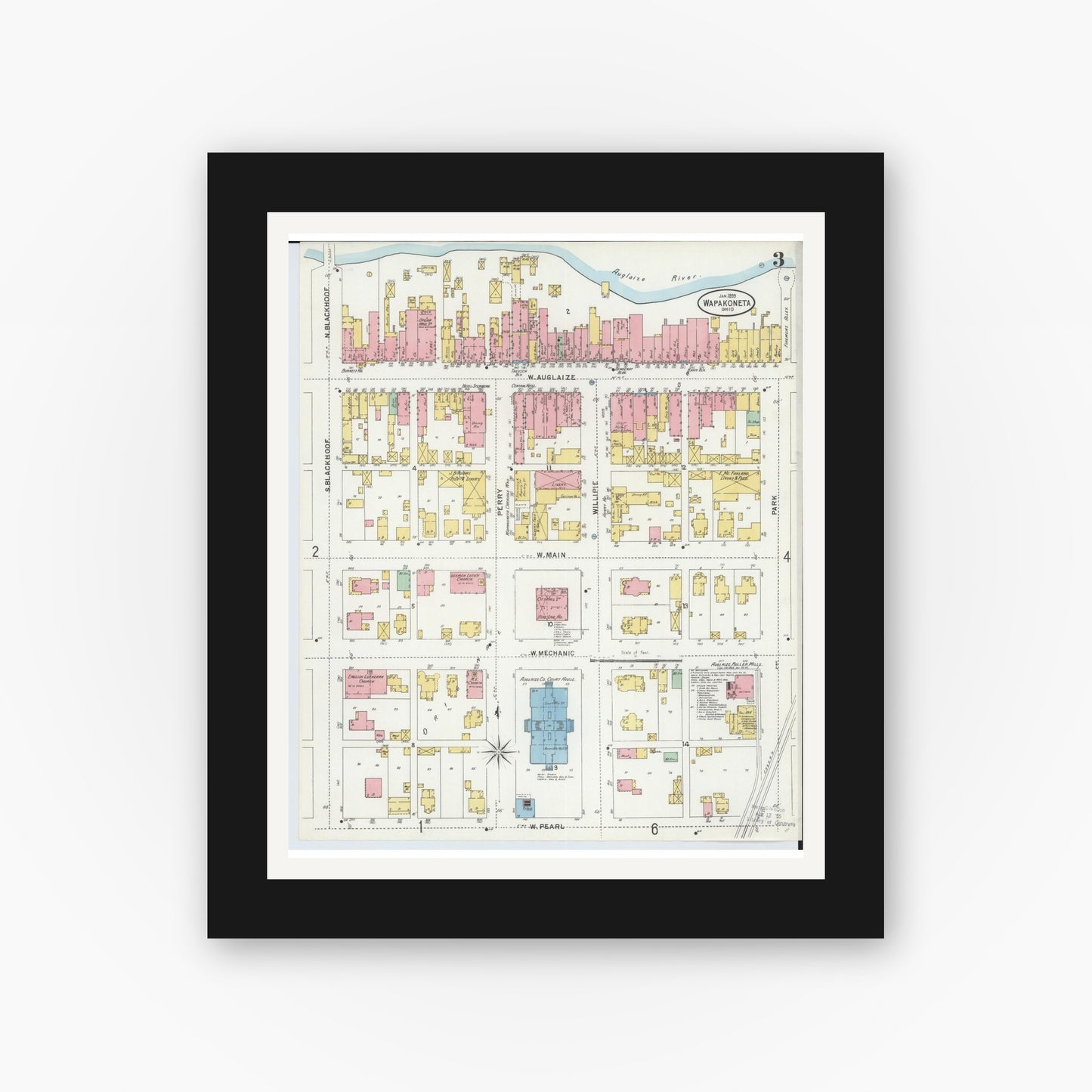 Old map wall art mockup — black gallery frame with white mat — Sanborn Fire Insurance Map from Wapakoneta, Auglaize County, Ohio (1899), Sheet #0003