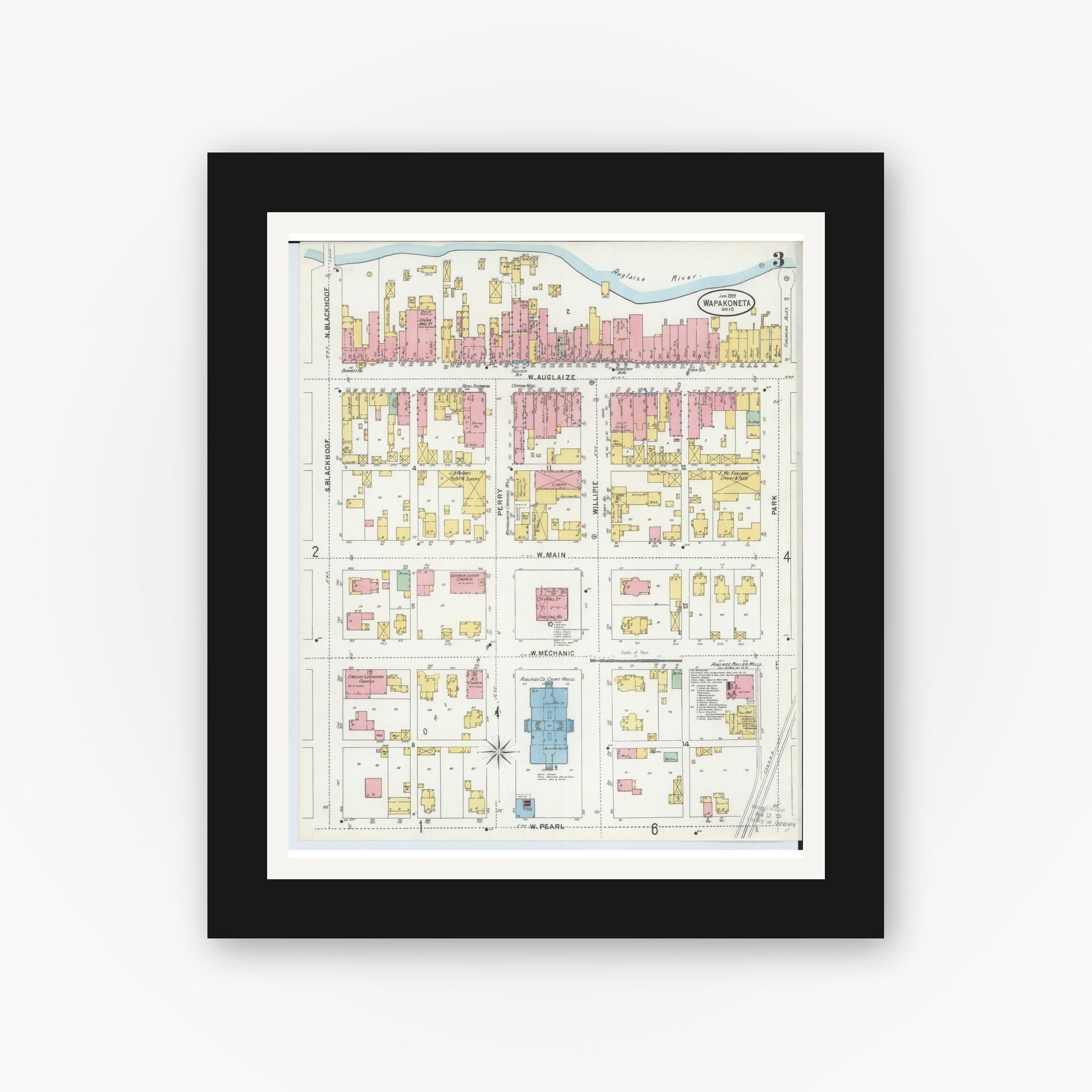 Old map wall art mockup — black gallery frame with white mat — Sanborn Fire Insurance Map from Wapakoneta, Auglaize County, Ohio (1899), Sheet #0003