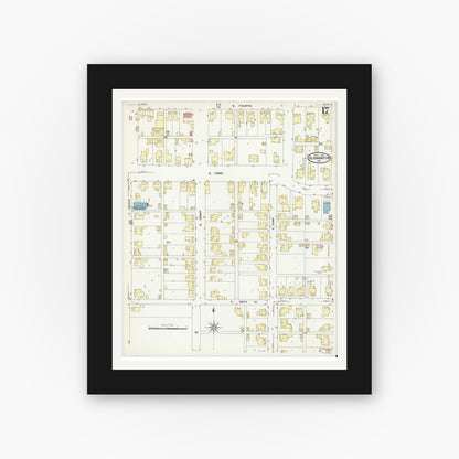 Old map wall art mockup — black gallery frame with white mat — Sanborn Fire Insurance Map from Bloomington, Monroe County, Indiana (1907), Sheet #0017