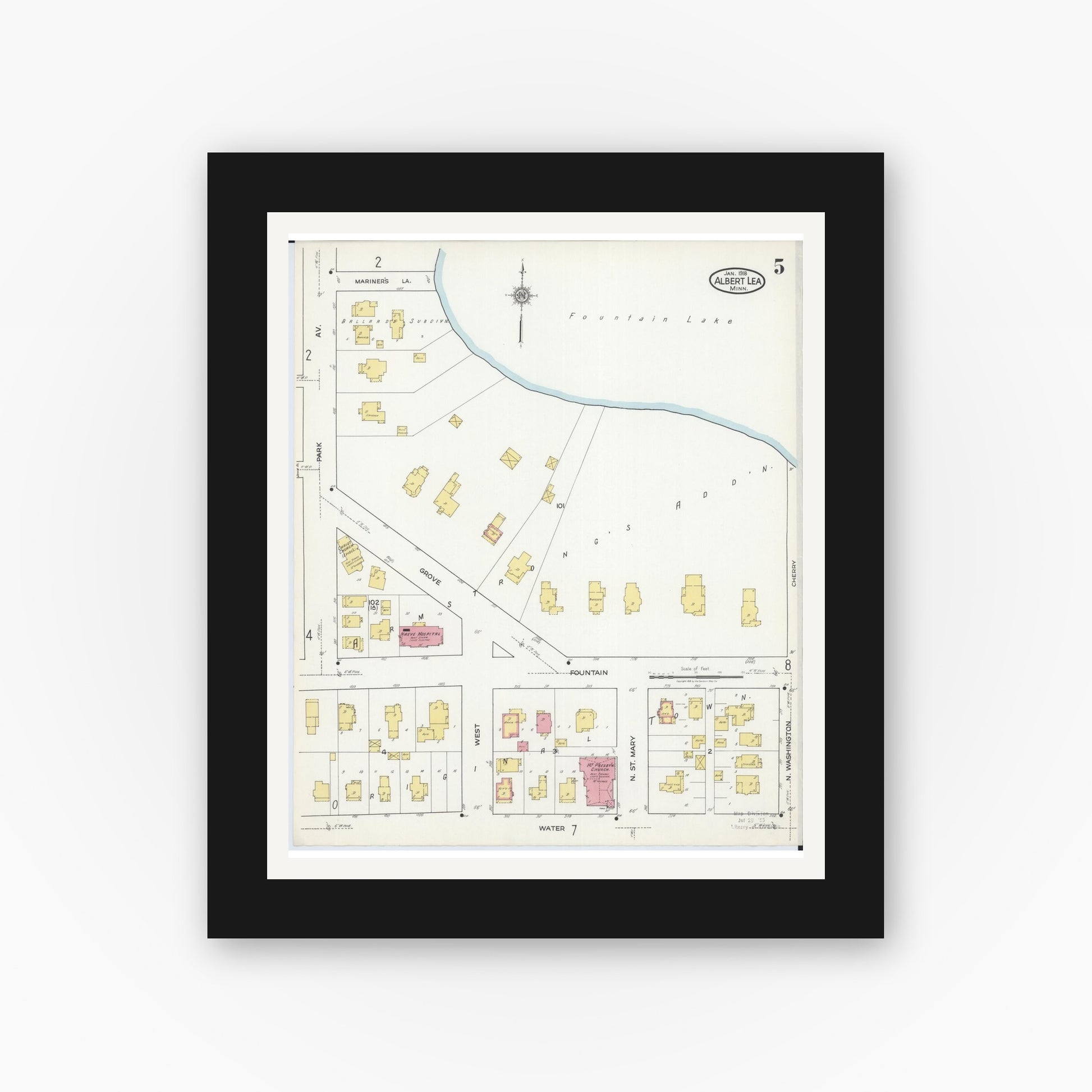 Old map wall art mockup — black gallery frame with white mat — Sanborn Fire Insurance Map from Albert Lea, Freeborn County, Minnesota (1918), Sheet #0005