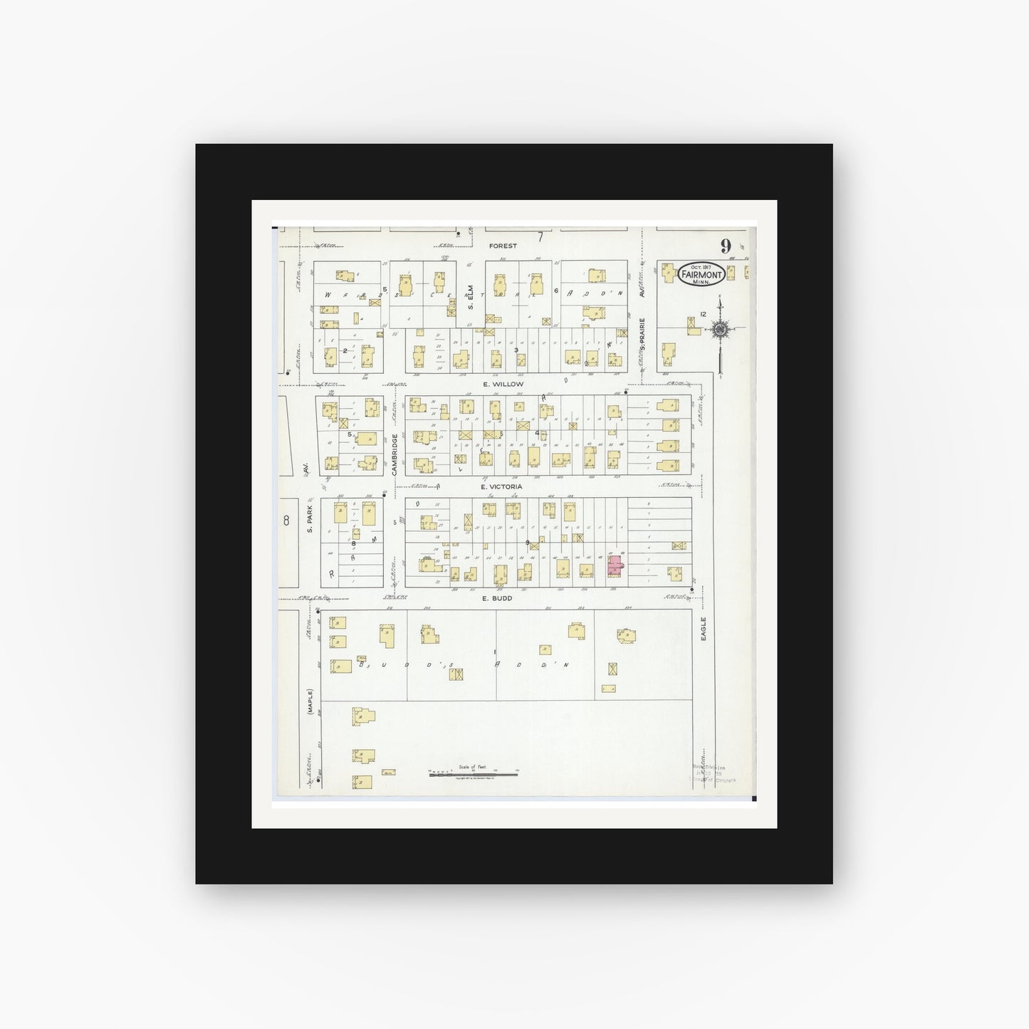 Old map wall art mockup — black gallery frame with white mat — Sanborn Fire Insurance Map from Fairmont, Martin County, Minnesota (1917), Sheet #0009