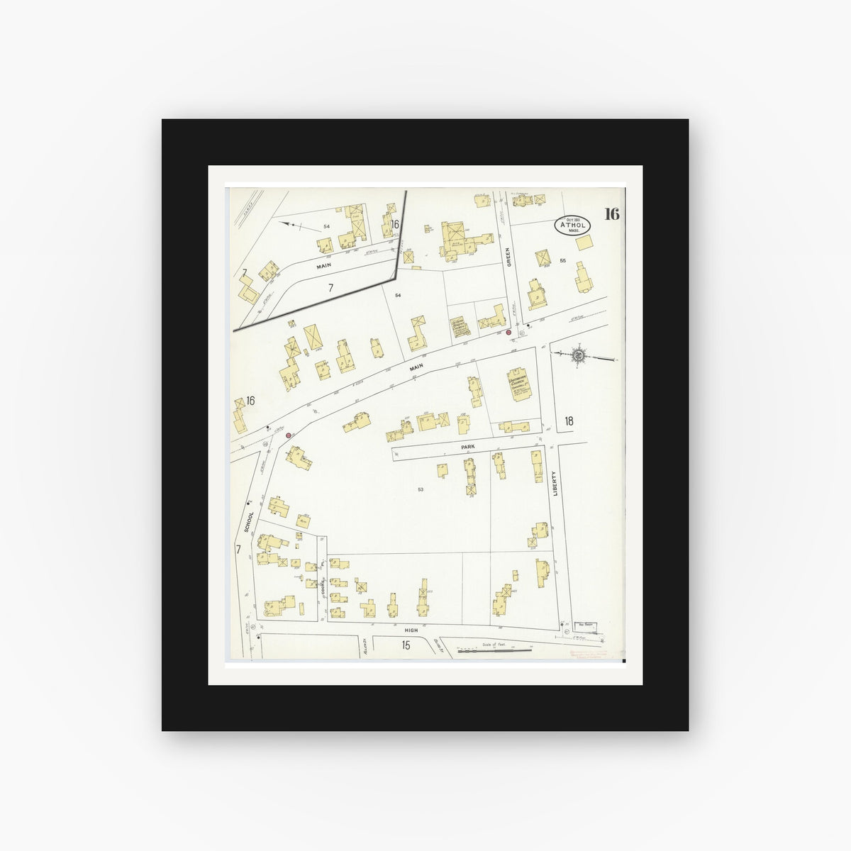 Old map wall art mockup — black gallery frame with white mat — Sanborn Fire Insurance Map from Athol, Worcester County, Massachusetts (1911), Sheet #0016