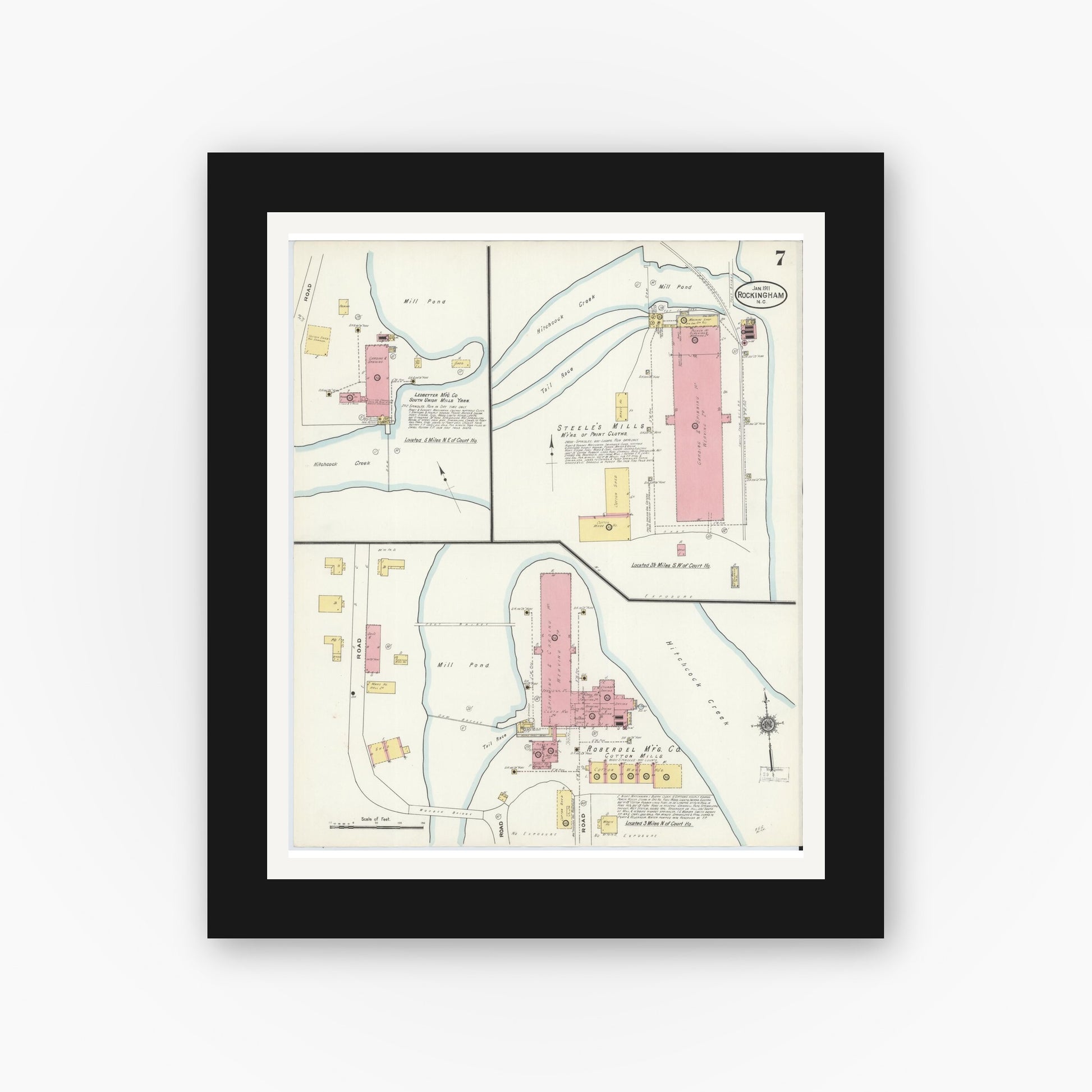 Old map wall art mockup — black gallery frame with white mat — Sanborn Fire Insurance Map from Rockingham, Richmond County, North Carolina (1911), Sheet #0007