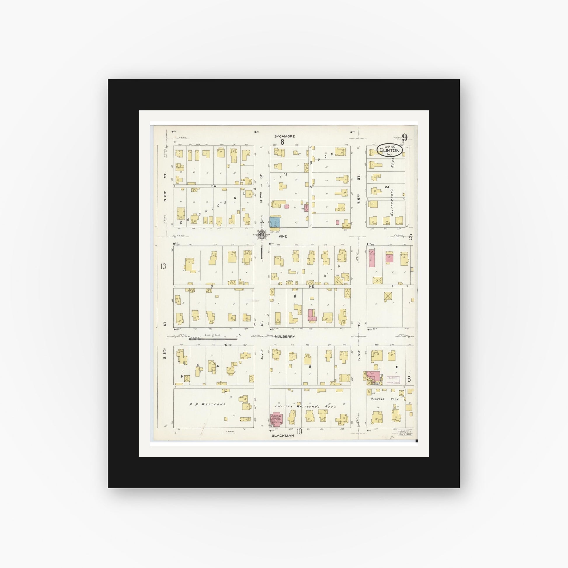 Old map wall art mockup — black gallery frame with white mat — Sanborn Fire Insurance Map from Clinton, Vermillion County, Indiana (1910), Sheet #0009