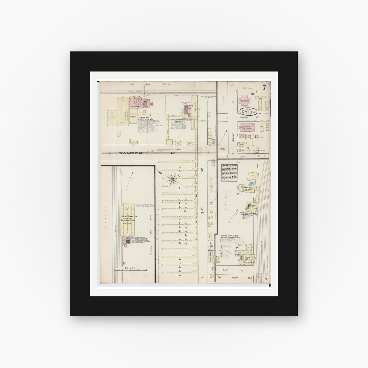 Old map wall art mockup — black gallery frame with white mat — Sanborn Fire Insurance Map from Cairo, Alexander County, Illinois (1885), Sheet #0007