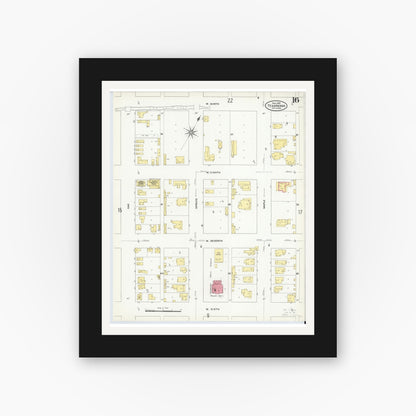 Old map wall art mockup — black gallery frame with white mat — Sanborn Fire Insurance Map from Texarkana, Bowie County, Texas (1909), Sheet #0016