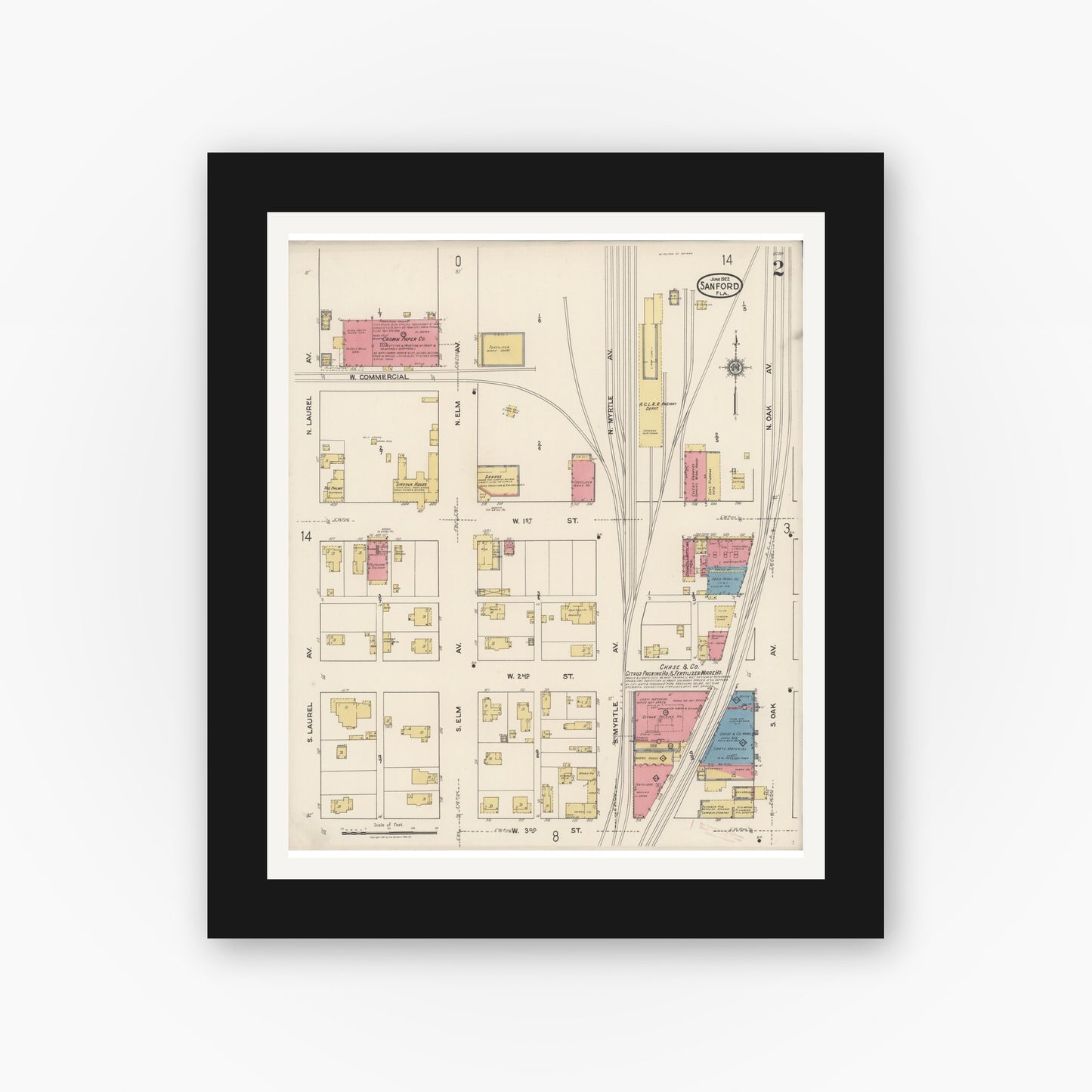 Old map wall art mockup — black gallery frame with white mat — Sanborn Fire Insurance Map from Sanford, Seminole County, Florida (1922), Sheet #0002