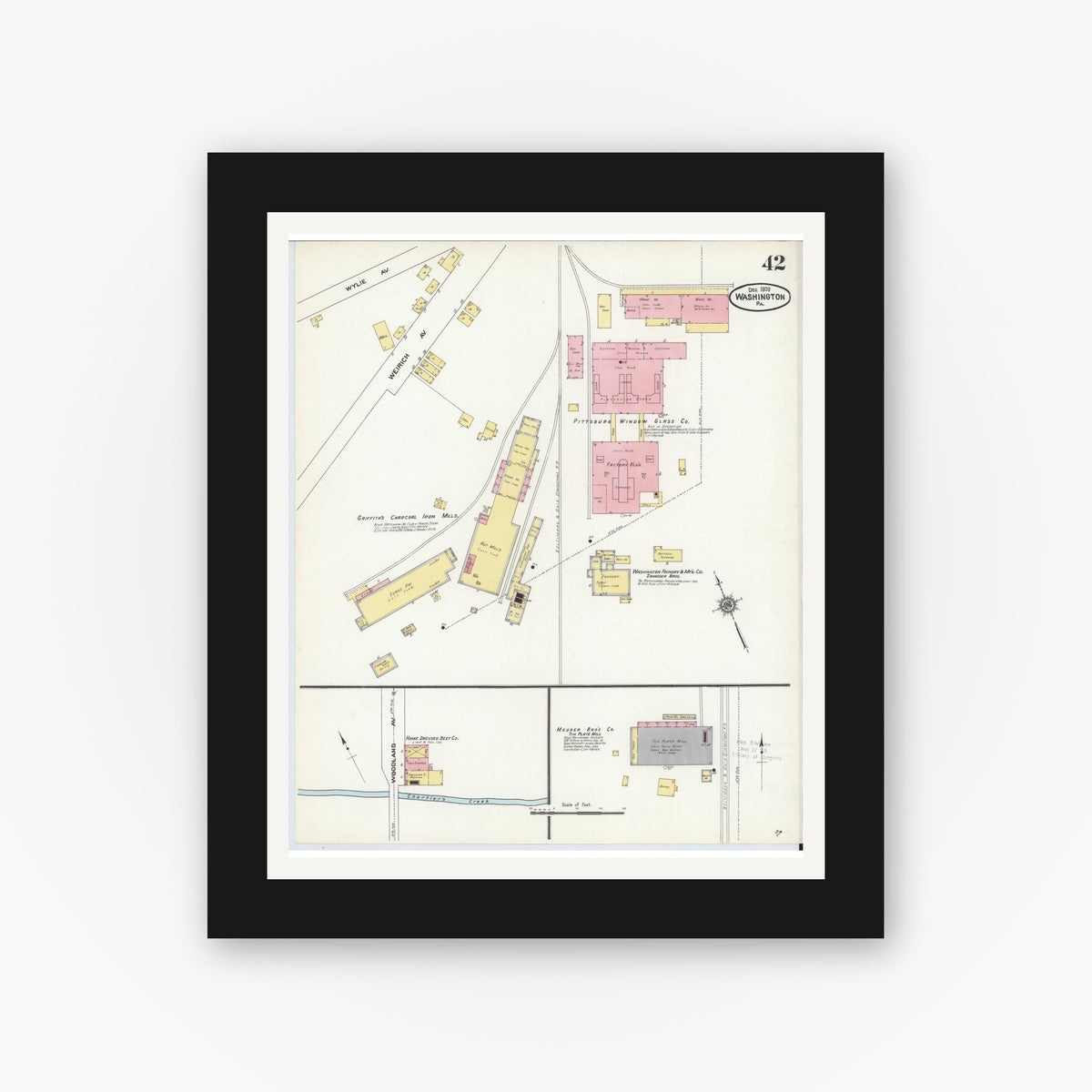 Old map wall art mockup — black gallery frame with white mat — Sanborn Fire Insurance Map from Washington, Washington County, Pennsylvania (1909), Sheet #0042