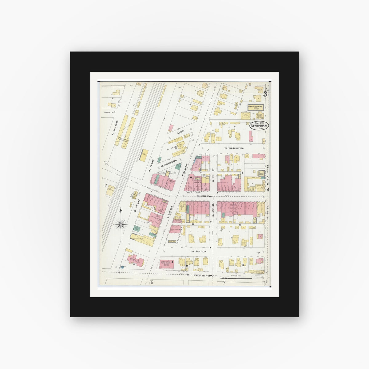Old map wall art mockup — black gallery frame with white mat — Sanborn Fire Insurance Map from Effingham, Effingham County, Illinois (1906), Sheet #0003