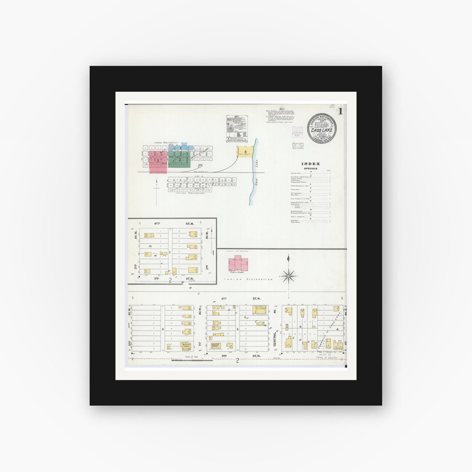 Old map wall art mockup — black gallery frame with white mat — Sanborn Fire Insurance Map from Cass Lake, Cass County, Minnesota (1904), Sheet #0001