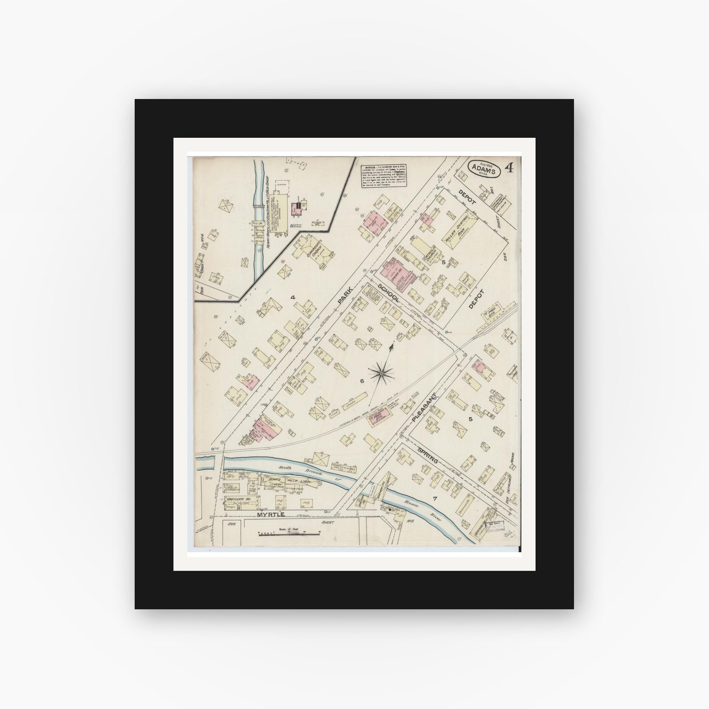 Old map wall art mockup — black gallery frame with white mat — Sanborn Fire Insurance Map from Adams, Berkshire County, Massachusetts (1884), Sheet #0004