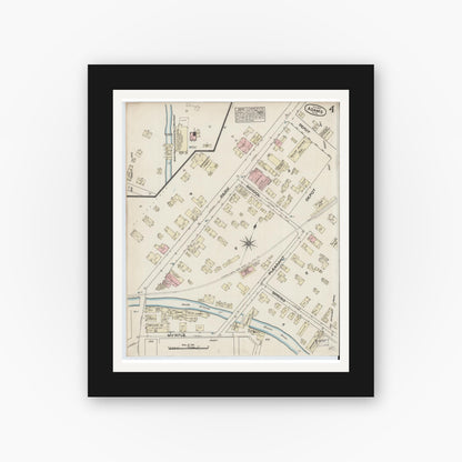 Old map wall art mockup — black gallery frame with white mat — Sanborn Fire Insurance Map from Adams, Berkshire County, Massachusetts (1884), Sheet #0004