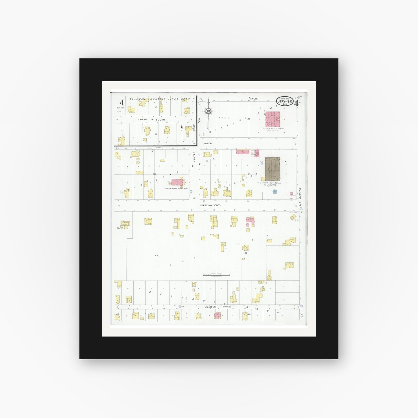 Old map wall art mockup — black gallery frame with white mat — Sanborn Fire Insurance Map from Stryker, Williams County, Ohio (1930), Sheet #0004