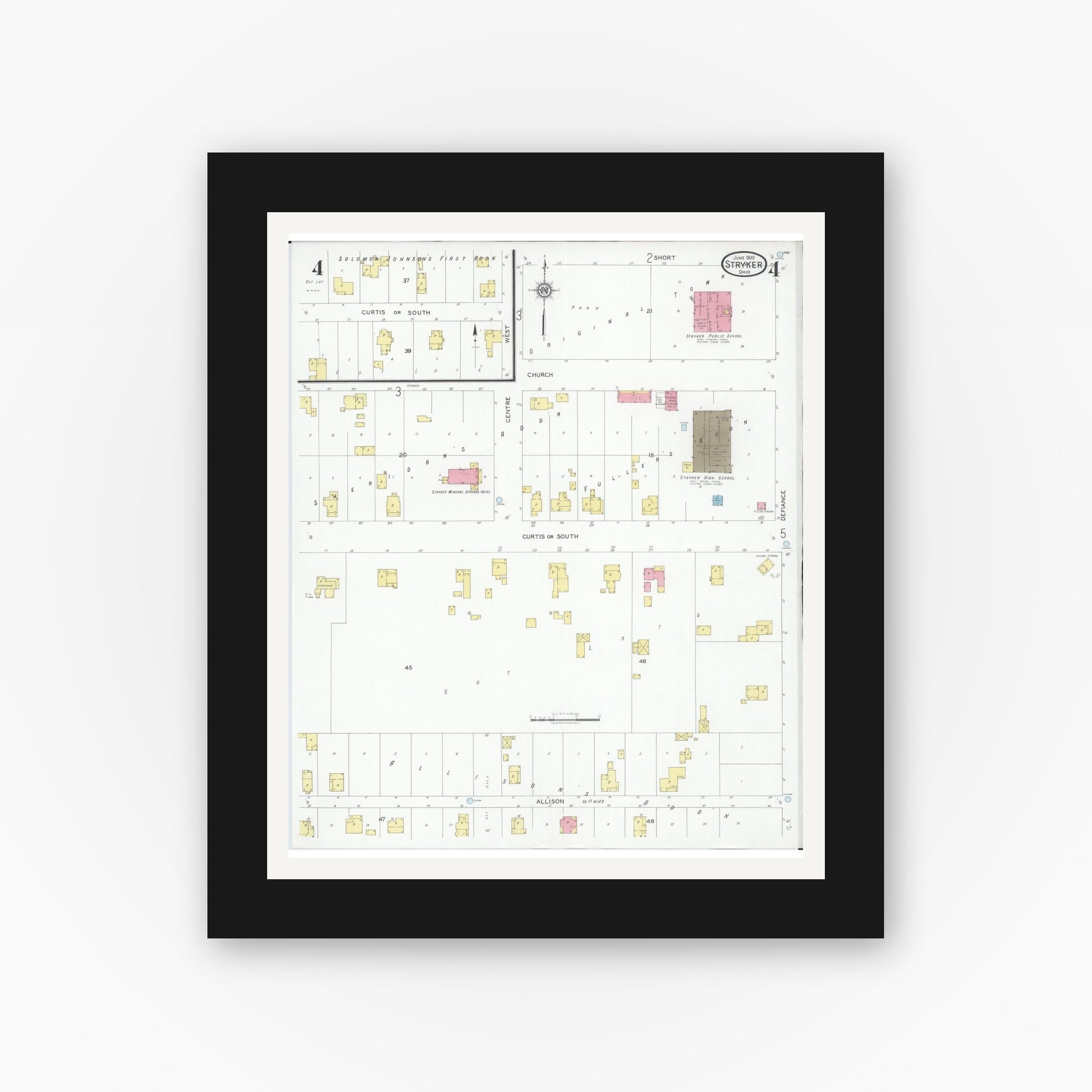 Old map wall art mockup — black gallery frame with white mat — Sanborn Fire Insurance Map from Stryker, Williams County, Ohio (1930), Sheet #0004