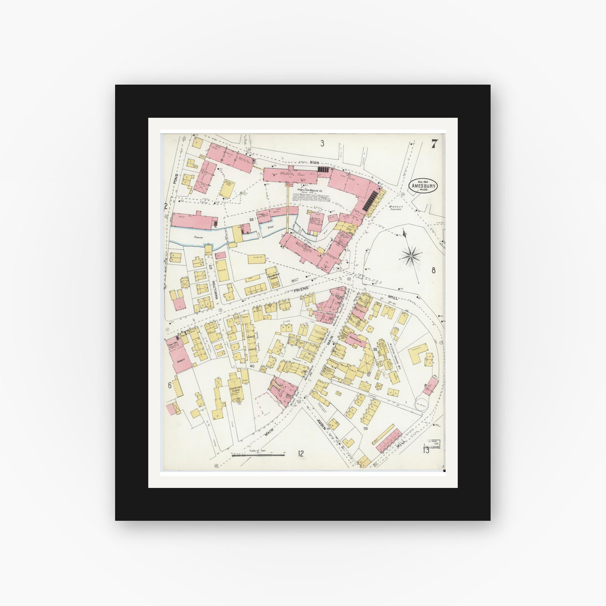 Old map wall art mockup — black gallery frame with white mat — Sanborn Fire Insurance Map from Amesbury, Essex County, Massachusetts (1904), Sheet #0007