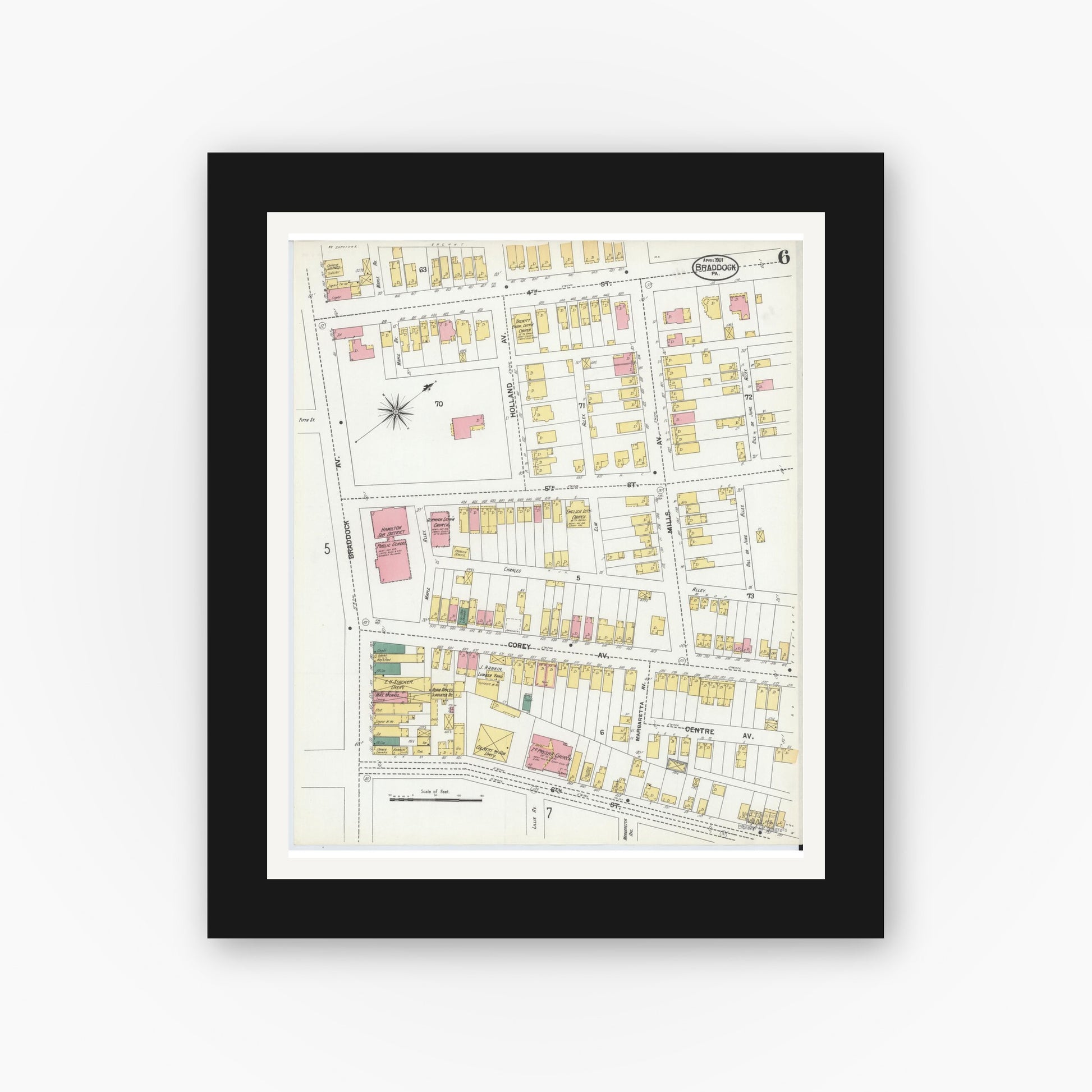 Old map wall art mockup — black gallery frame with white mat — Sanborn Fire Insurance Map from Braddock, Allegheny County, Pennsylvania (1901), Sheet #0006