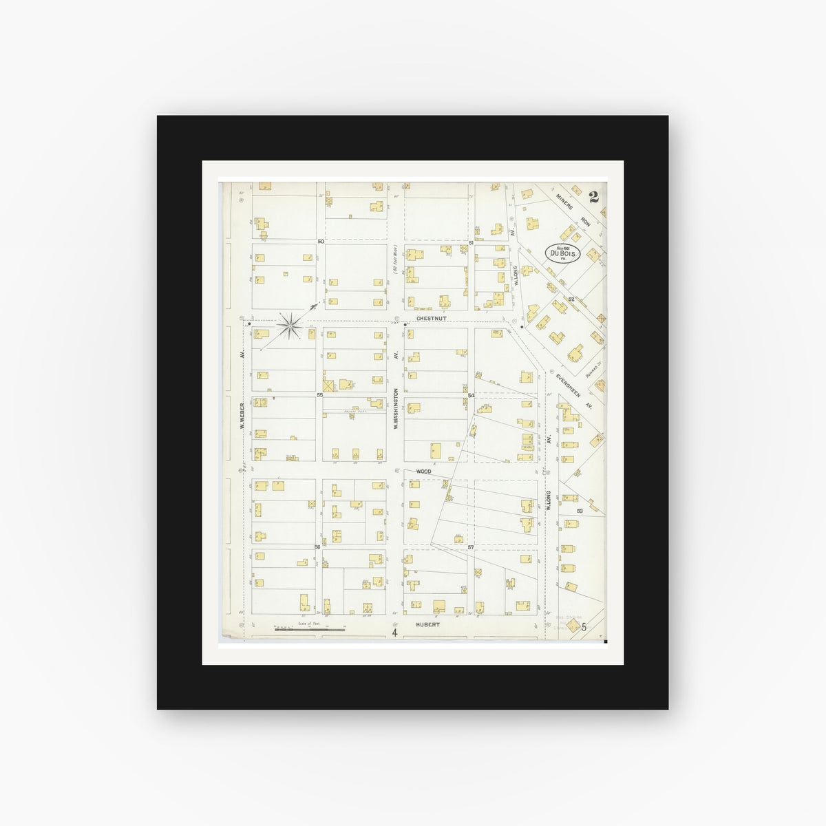 Old map wall art mockup — black gallery frame with white mat — Sanborn Fire Insurance Map from Du Bois, Clearfield County, Pennsylvania (1901), Sheet #0002