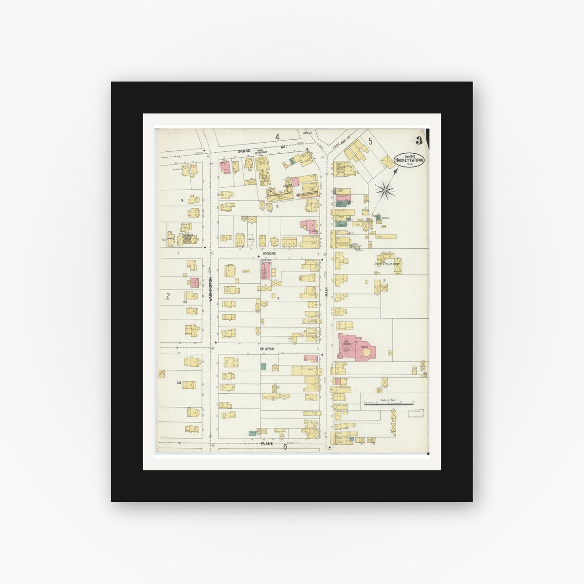 Old map wall art mockup — black gallery frame with white mat — Sanborn Fire Insurance Map from Hackettstown, Warren County, New Jersey (1902), Sheet #0003