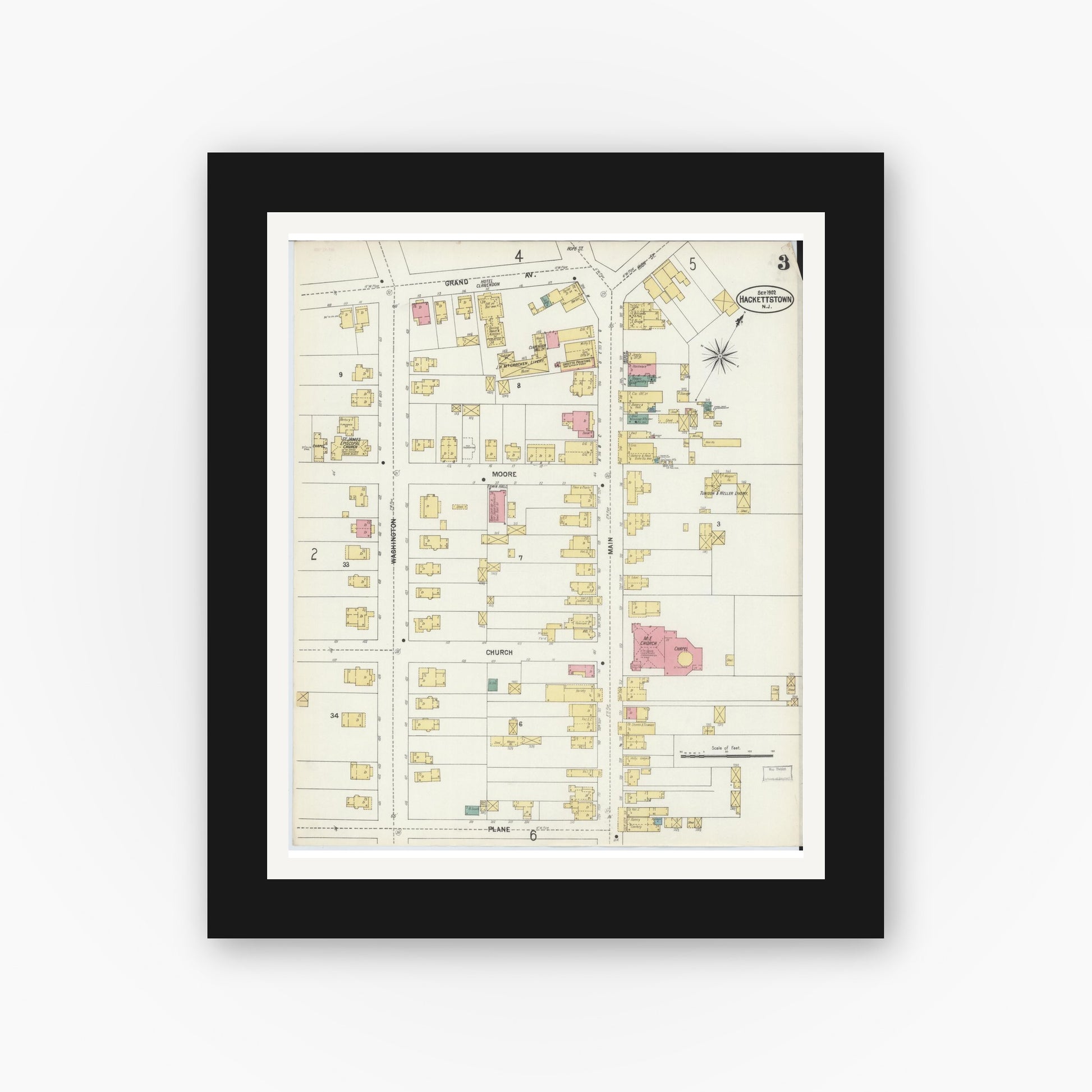 Old map wall art mockup — black gallery frame with white mat — Sanborn Fire Insurance Map from Hackettstown, Warren County, New Jersey (1902), Sheet #0003