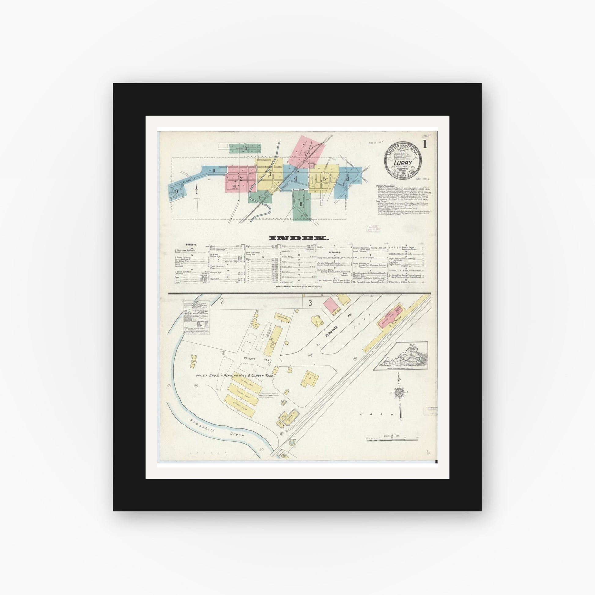 Old map wall art mockup — black gallery frame with white mat — Sanborn Fire Insurance Map from Luray, Page County, Virginia (1912) - Complete Map Set