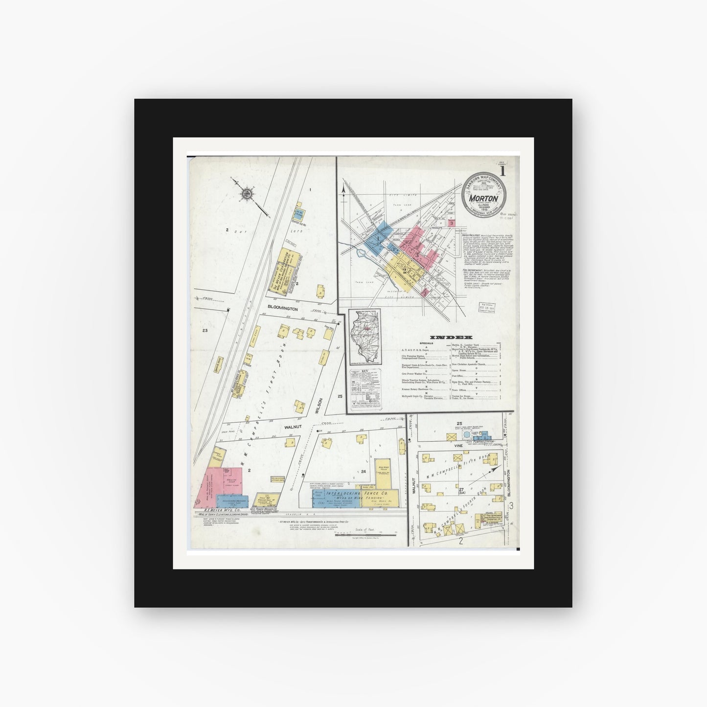 Old map wall art mockup — black gallery frame with white mat — Sanborn Fire Insurance Map from Morton, Tazewell County, Illinois (1918), Sheet #0001