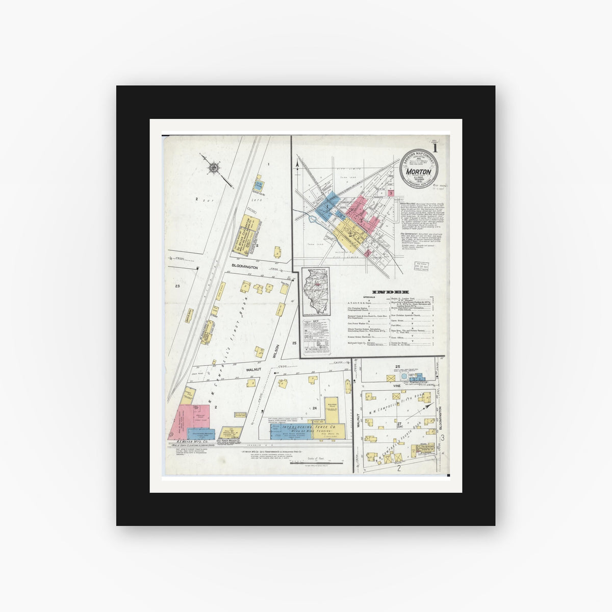 Old map wall art mockup — black gallery frame with white mat — Sanborn Fire Insurance Map from Morton, Tazewell County, Illinois (1918), Sheet #0001