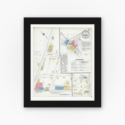 Old map wall art mockup — black gallery frame with white mat — Sanborn Fire Insurance Map from Morton, Tazewell County, Illinois (1918), Sheet #0001
