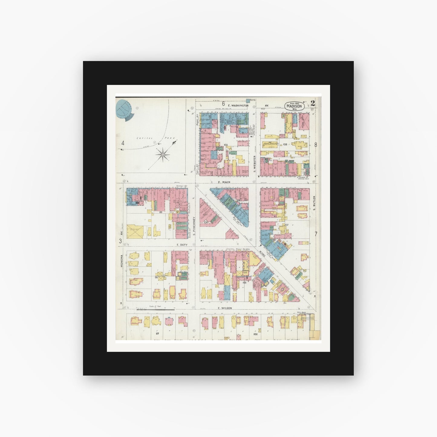 Old map wall art mockup — black gallery frame with white mat — Sanborn Fire Insurance Map from Madison, Dane County, Wisconsin (1902), Sheet #0002