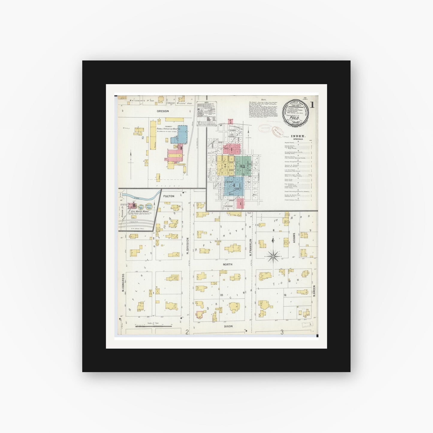 Old map wall art mockup — black gallery frame with white mat — Sanborn Fire Insurance Map from Polo, Ogle County, Illinois (1899) - Complete Map Set