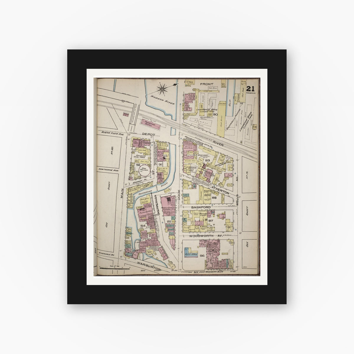 Old map wall art mockup — black gallery frame with white mat — Sanborn Fire Insurance Map from Yonkers, Westchester County, New York (1886), Sheet #0021