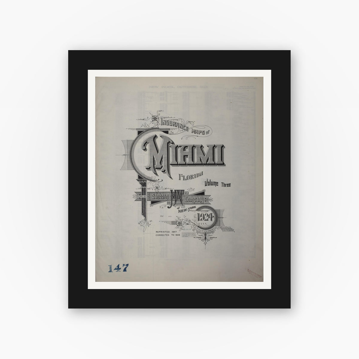 Old map wall art mockup — black gallery frame with white mat — Sanborn Fire Insurance Map from Miami, Dade County, Florida (1947), Sheet #0001