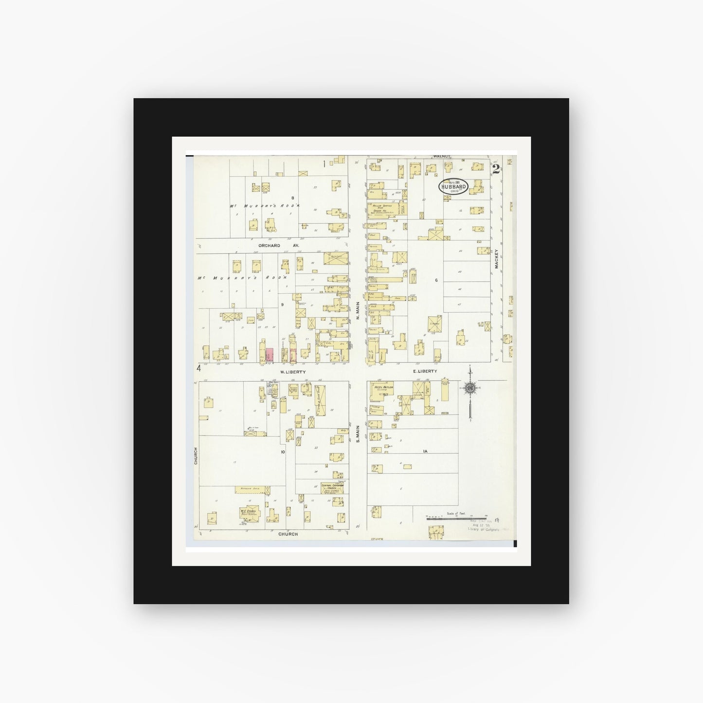 Old map wall art mockup — black gallery frame with white mat — Sanborn Fire Insurance Map from Hubbard, Trumbull County, Ohio (1911), Sheet #0002