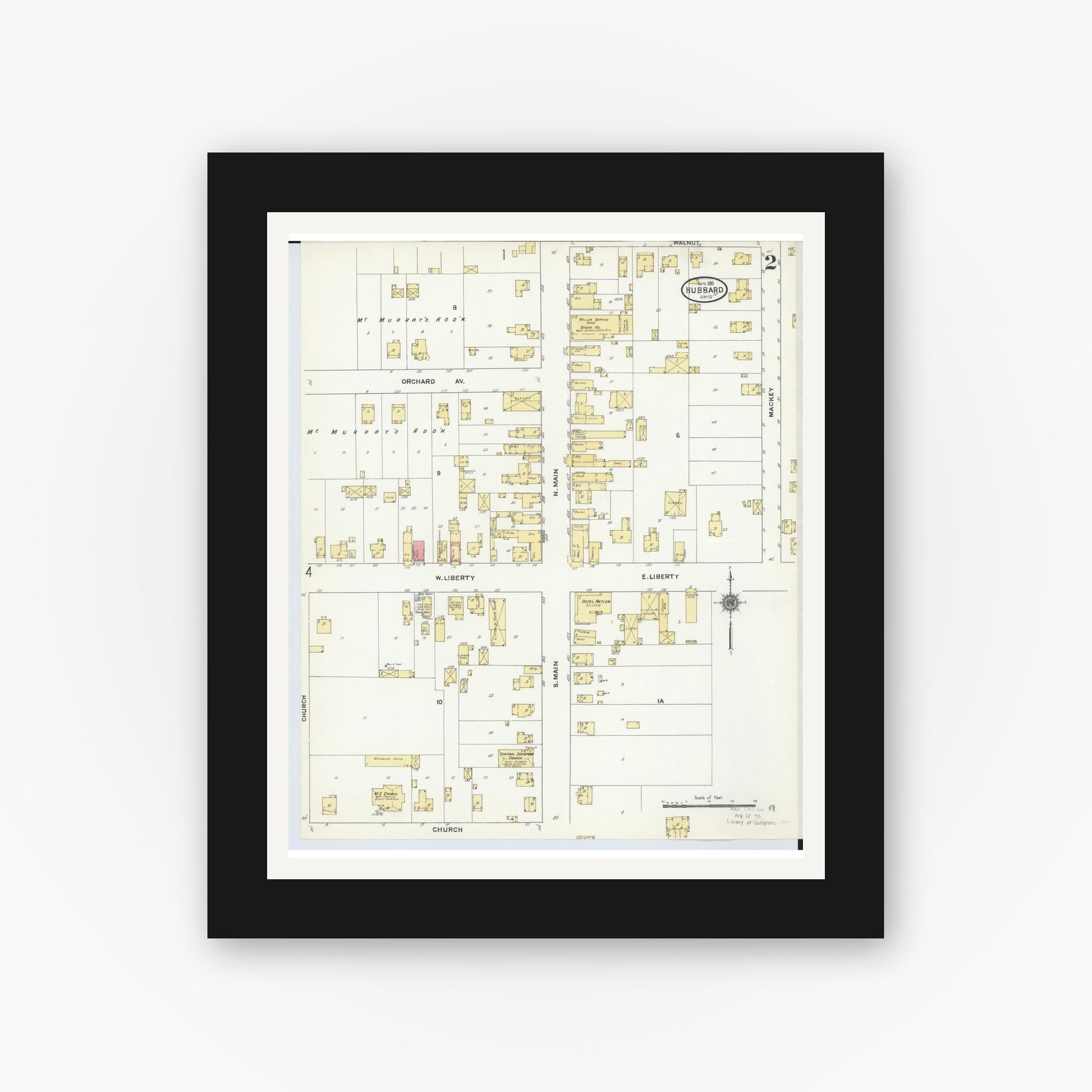 Old map wall art mockup — black gallery frame with white mat — Sanborn Fire Insurance Map from Hubbard, Trumbull County, Ohio (1911), Sheet #0002