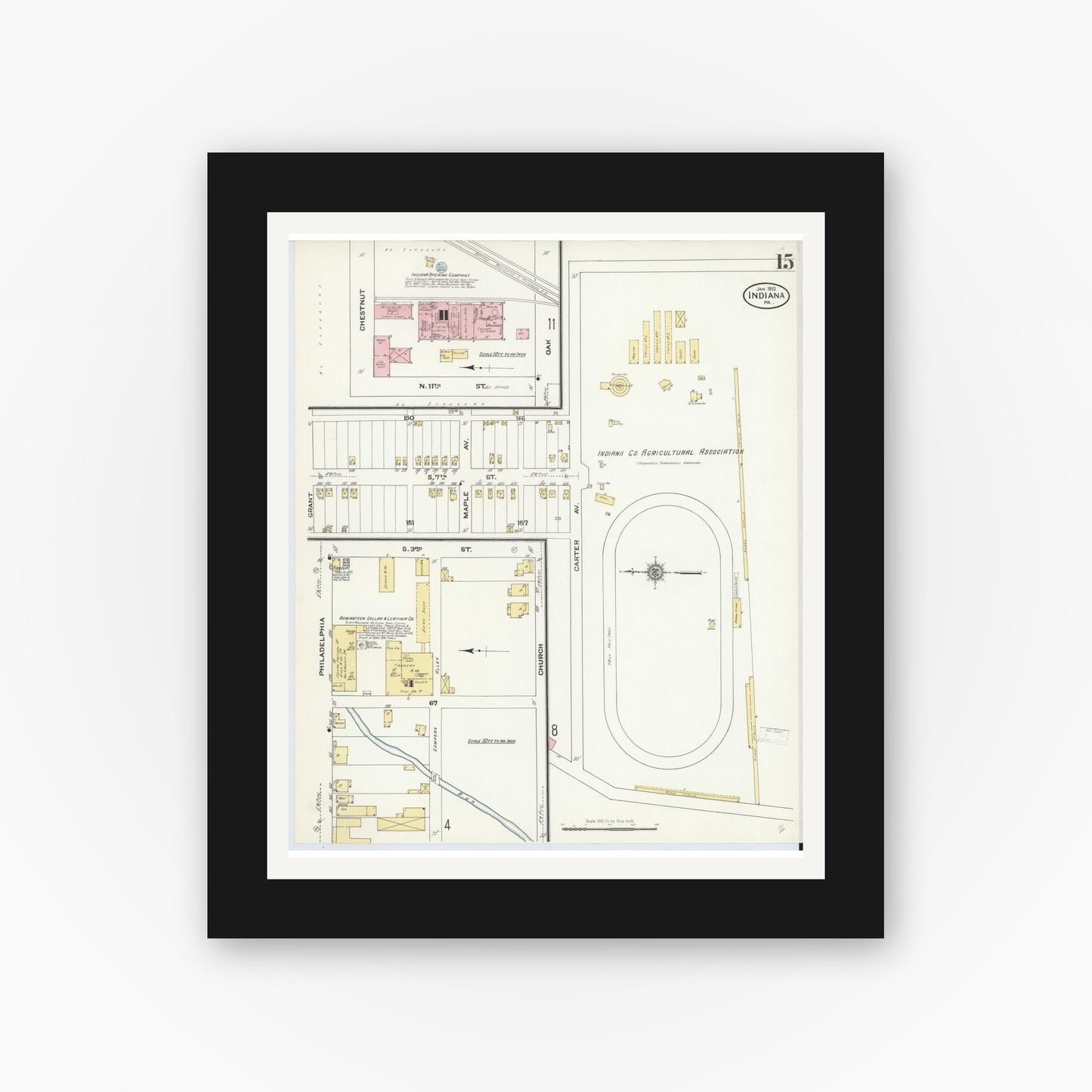 Old map wall art mockup — black gallery frame with white mat — Sanborn Fire Insurance Map from Indiana, Indiana County, Pennsylvania (1910), Sheet #0015