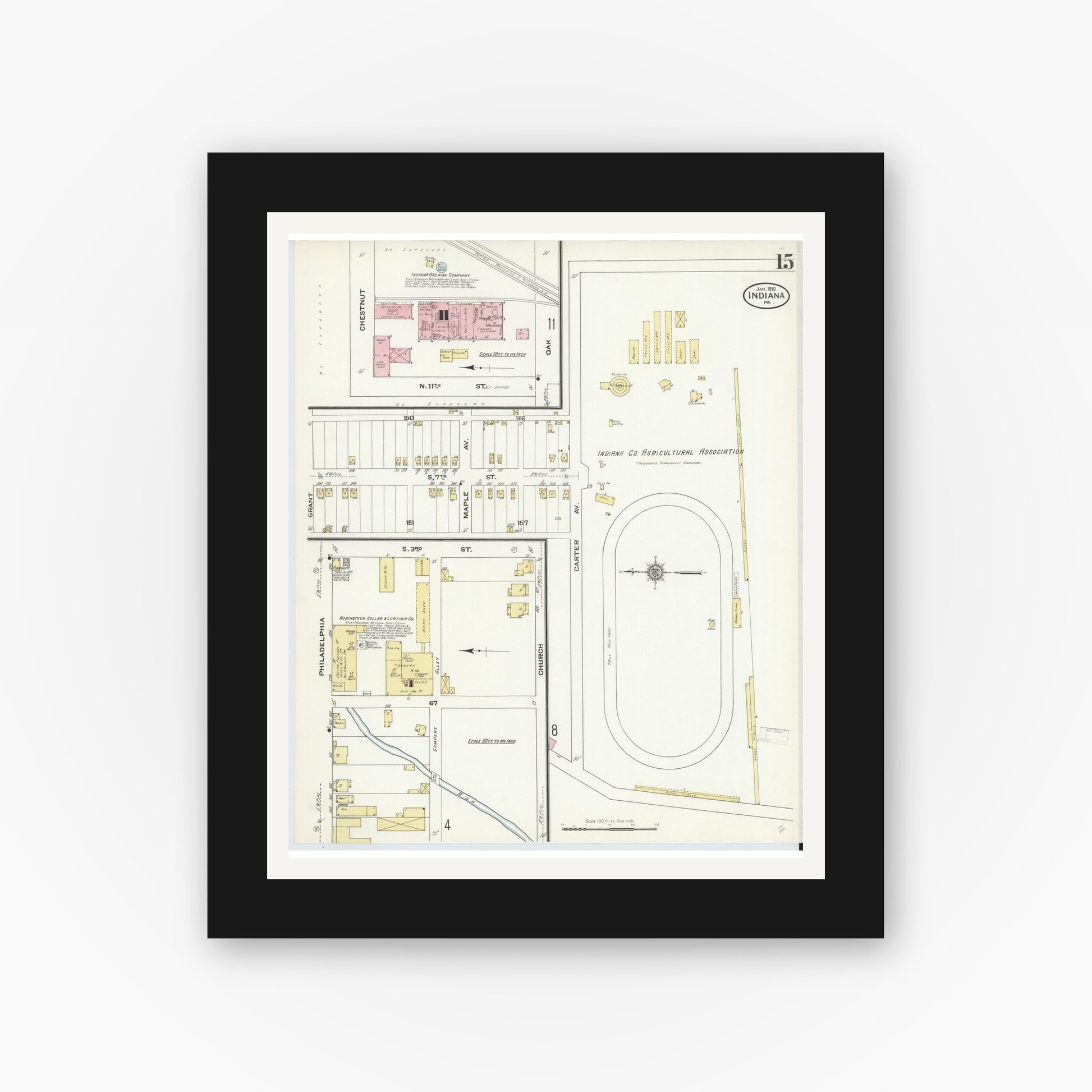 Old map wall art mockup — black gallery frame with white mat — Sanborn Fire Insurance Map from Indiana, Indiana County, Pennsylvania (1910), Sheet #0015