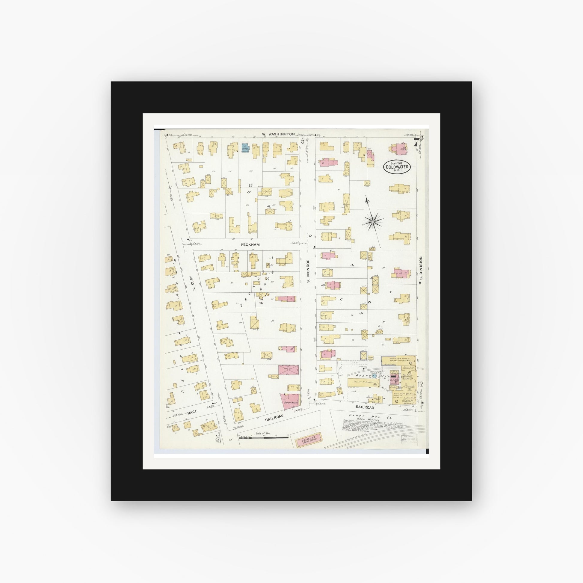 Old map wall art mockup — black gallery frame with white mat — Sanborn Fire Insurance Map from Coldwater, Branch County, Michigan (1908), Sheet #0007