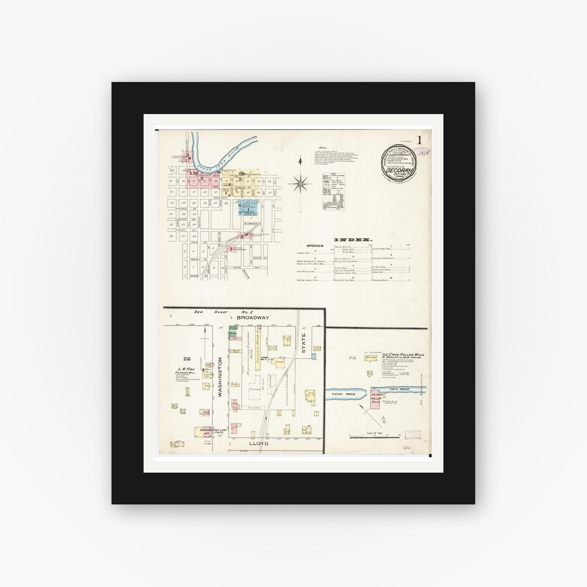 Old map wall art mockup — black gallery frame with white mat — Sanborn Fire Insurance Map from Decorah, Winneshiek County, Iowa (1885) â€” Complete Set