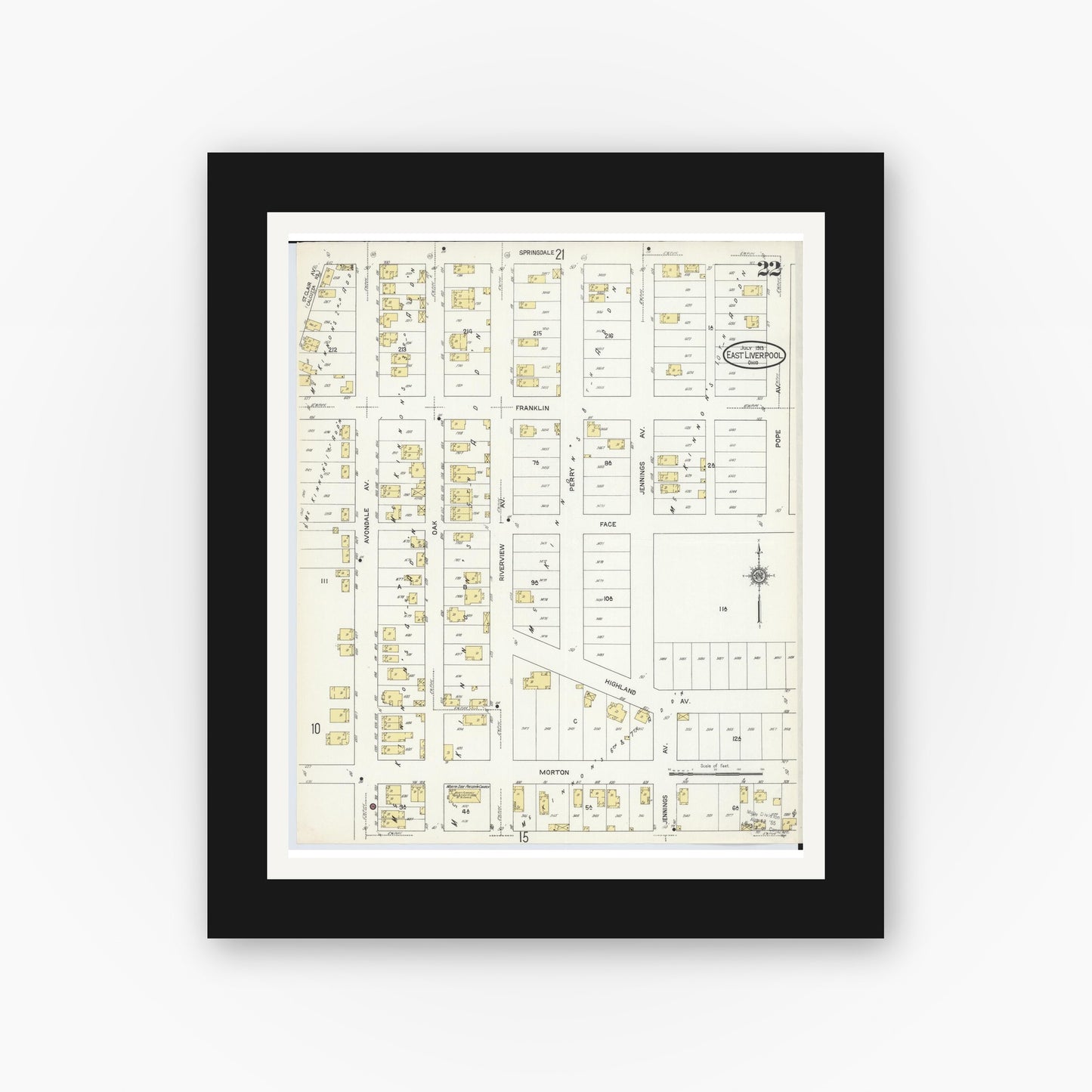Old map wall art mockup — black gallery frame with white mat — Sanborn Fire Insurance Map from East Liverpool, Columbiana County, Ohio (1913), Sheet #0022