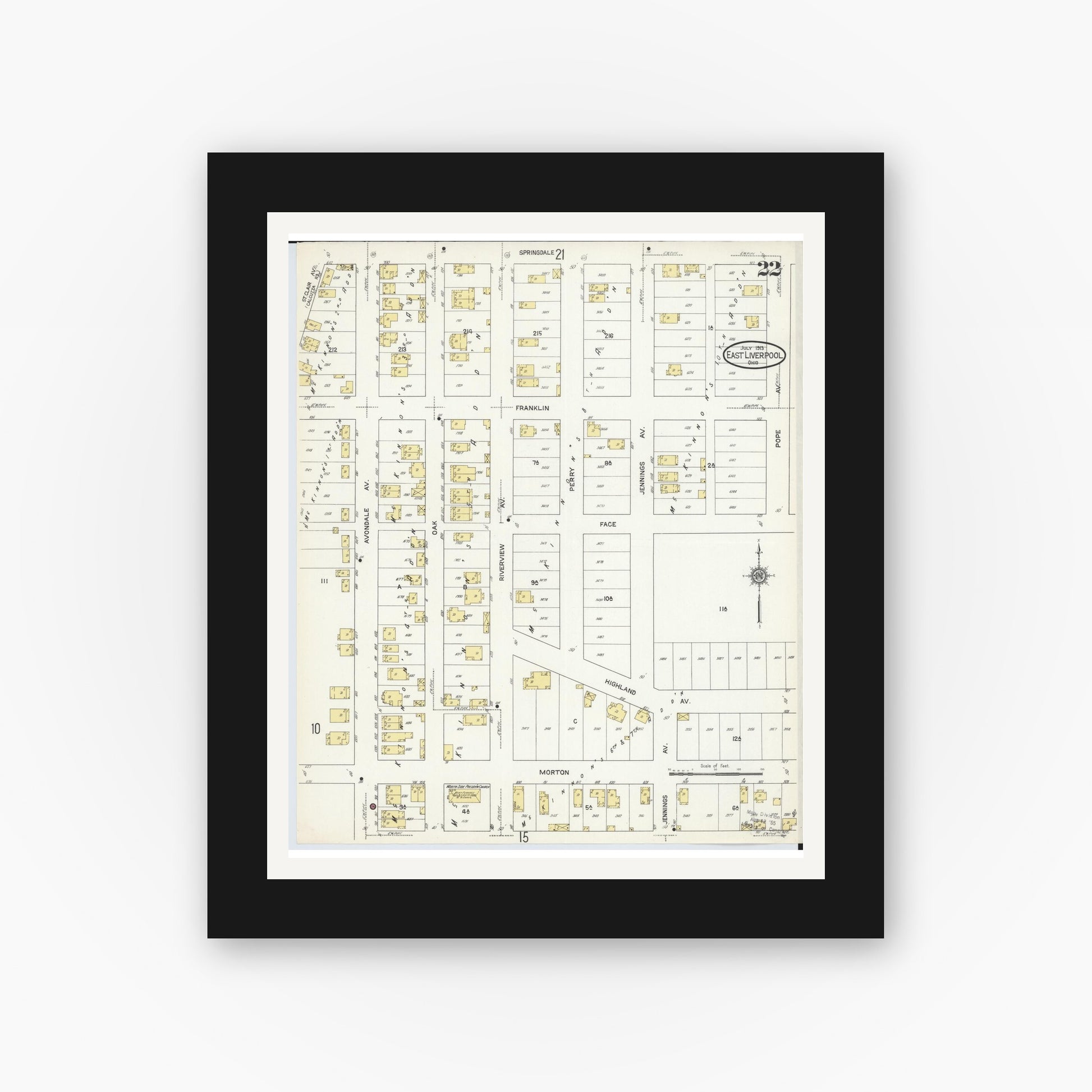 Old map wall art mockup — black gallery frame with white mat — Sanborn Fire Insurance Map from East Liverpool, Columbiana County, Ohio (1913), Sheet #0022