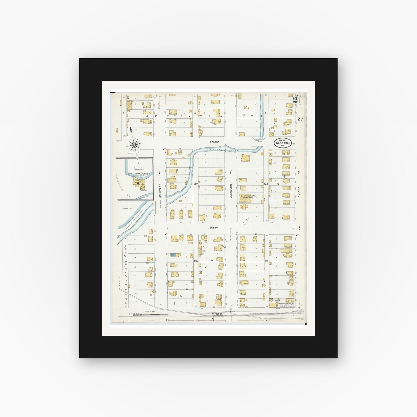 Old map wall art mockup — black gallery frame with white mat — Sanborn Fire Insurance Map from Kankakee, Kankakee County, Illinois (1907), Sheet #0002