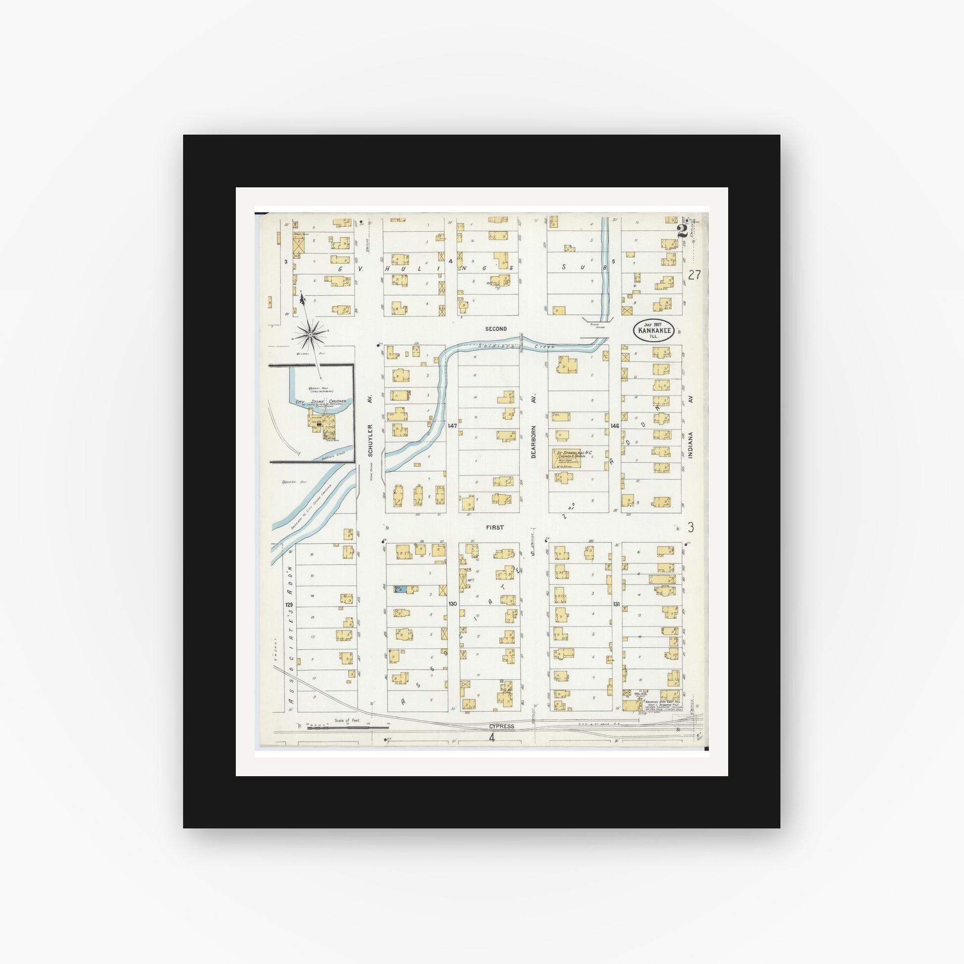 Old map wall art mockup — black gallery frame with white mat — Sanborn Fire Insurance Map from Kankakee, Kankakee County, Illinois (1907), Sheet #0002