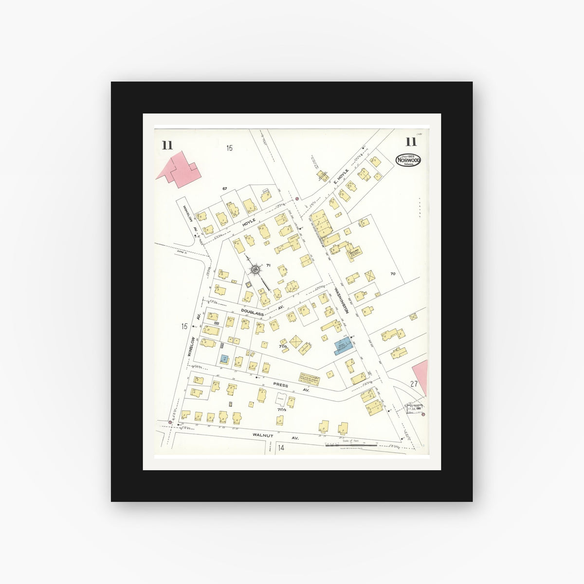 Old map wall art mockup — black gallery frame with white mat — Sanborn Fire Insurance Map from Norwood, Norfolk County, Massachusetts (1923), Sheet #0011