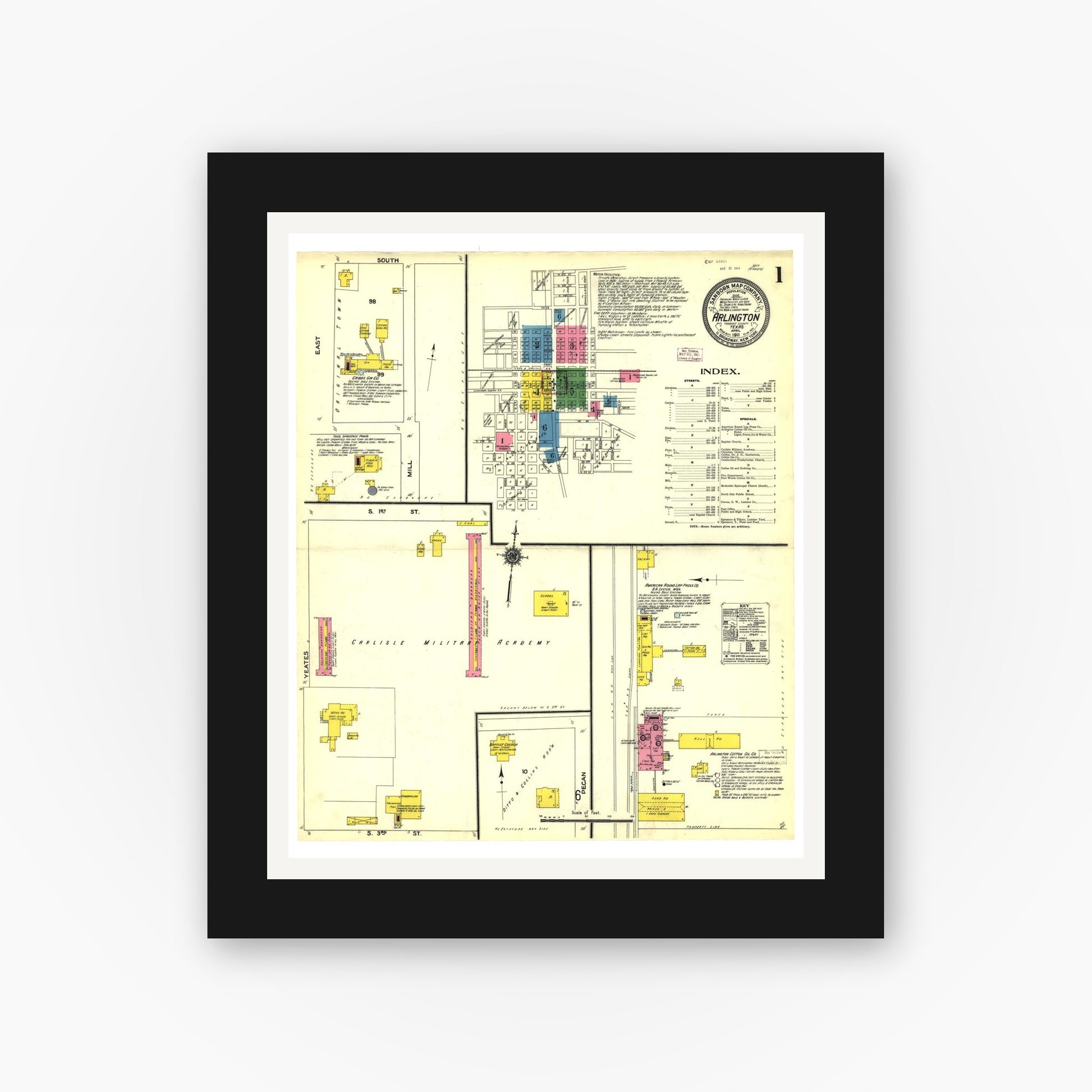 Old map wall art mockup — black gallery frame with white mat — Sanborn Fire Insurance Map from Arlington, Tarrant County, Texas (1911), Sheet #0001