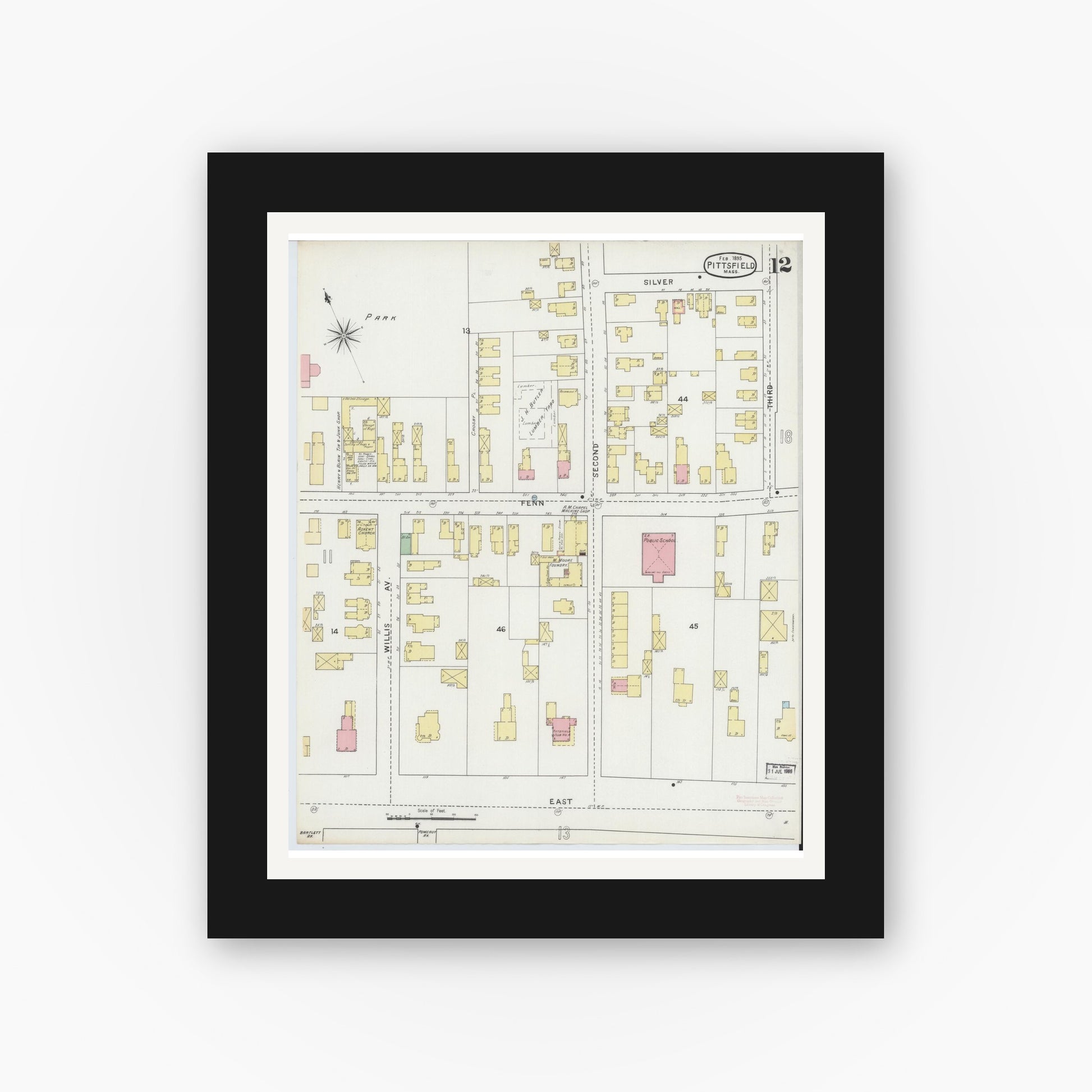 Old map wall art mockup — black gallery frame with white mat — Sanborn Fire Insurance Map from Pittsfield, Berkshire County, Massachusetts (1895), Sheet #0012