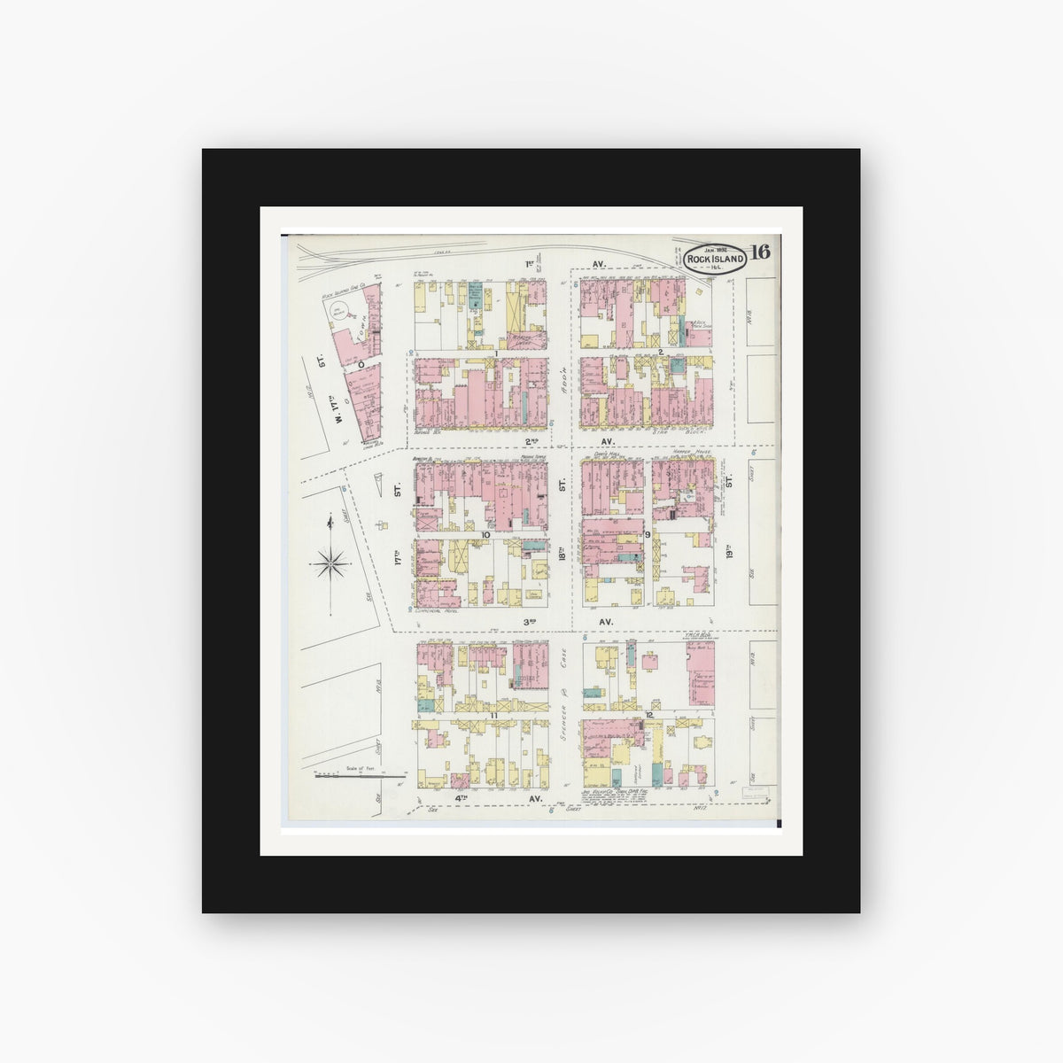 Old map wall art mockup — black gallery frame with white mat — Sanborn Fire Insurance Map from Rock Island, Rock Island County, Illinois (1892), Sheet #0016