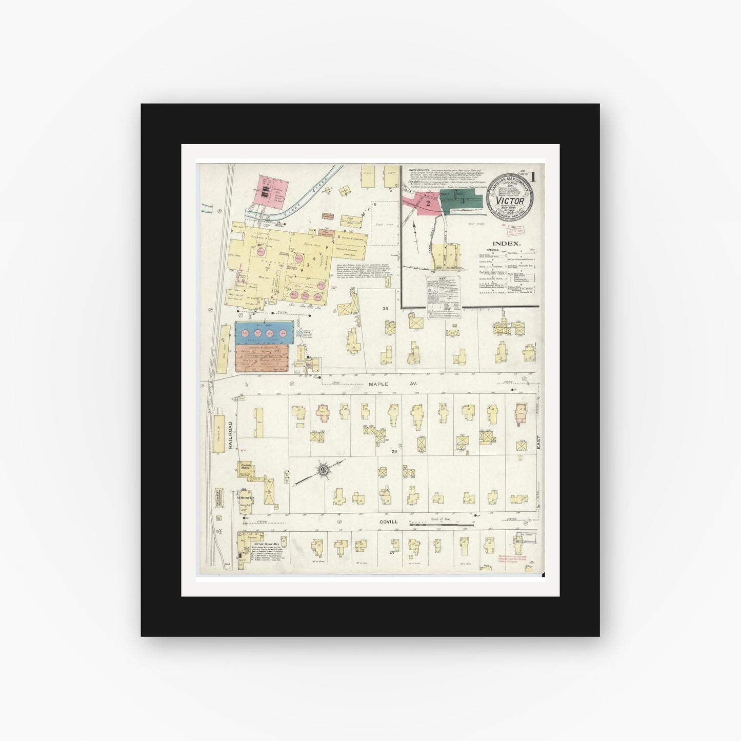 Old map wall art mockup — black gallery frame with white mat — Sanborn Fire Insurance Map from Victor, Ontario County, New York (1909), Sheet #0001