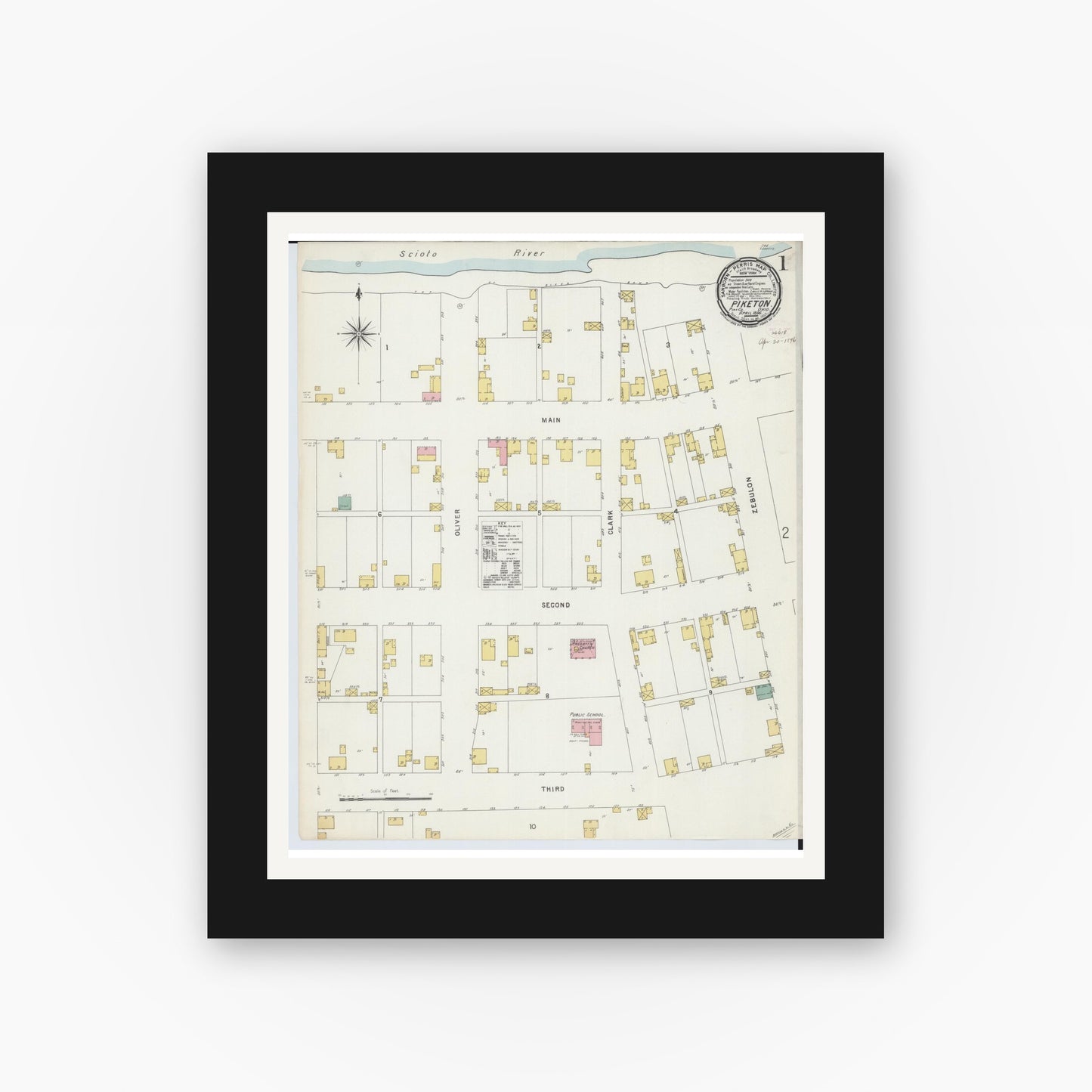 Old map wall art mockup — black gallery frame with white mat — Sanborn Fire Insurance Map from Piketon, Pike County, Ohio (1896) - Complete Map Set