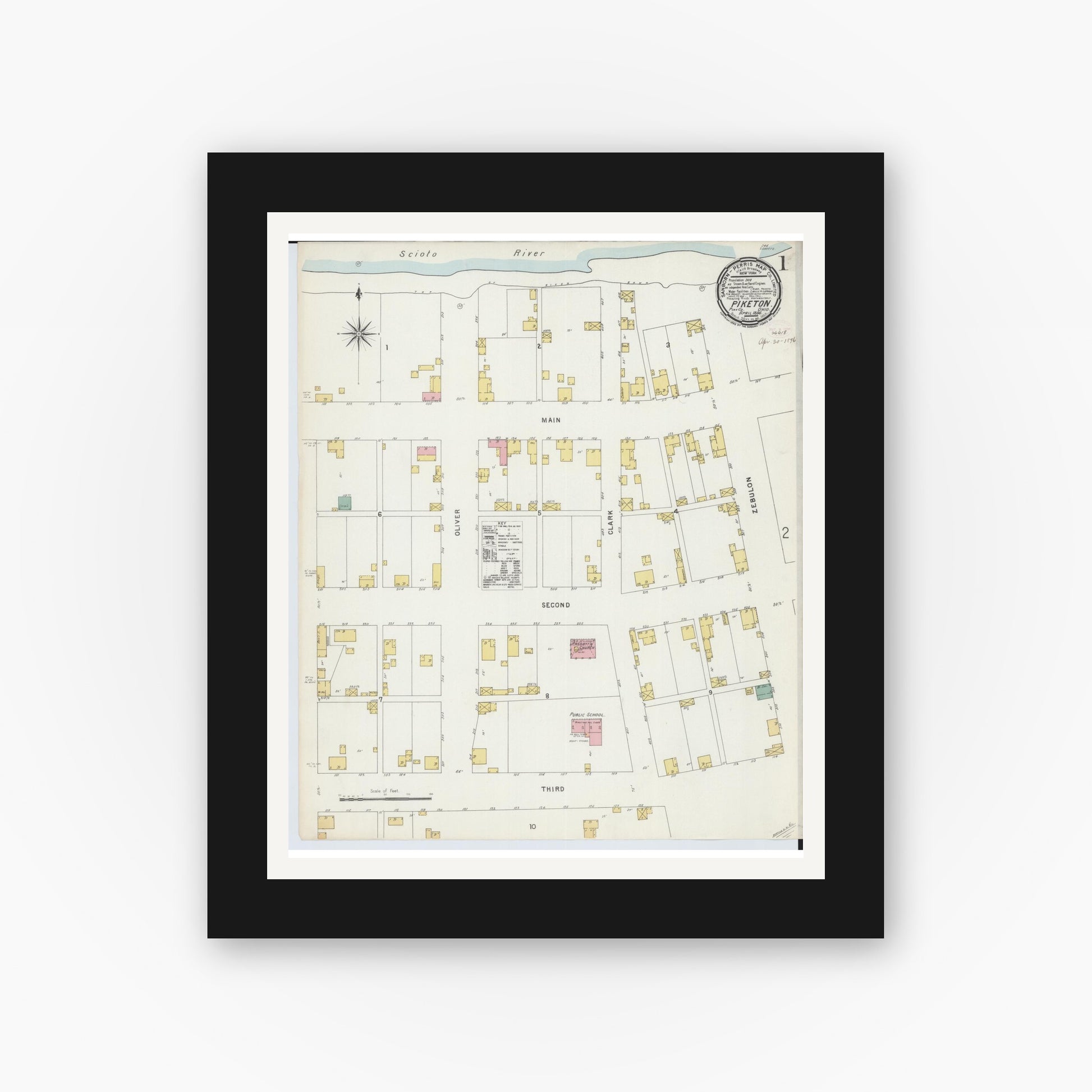 Old map wall art mockup — black gallery frame with white mat — Sanborn Fire Insurance Map from Piketon, Pike County, Ohio (1896) - Complete Map Set